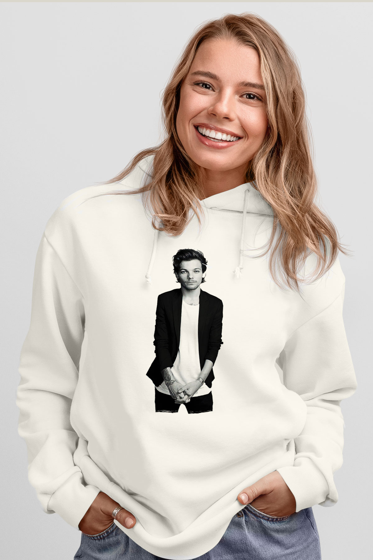Louis Tomlinson Baskılı Beyaz Unisex Kapüşonlu Sweatshirt