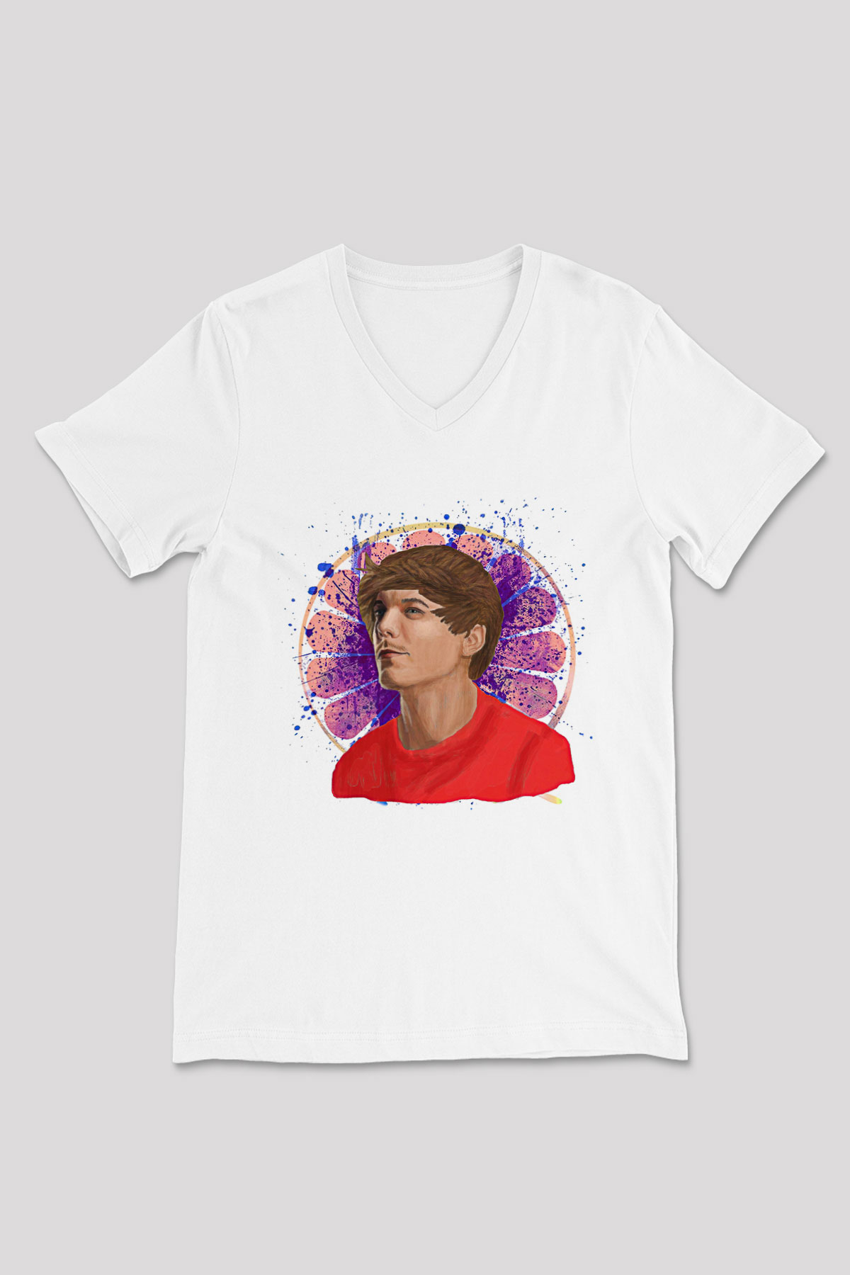 Louis Tomlinson Baskılı Beyaz Unisex V Yaka Tişört - Tshirt