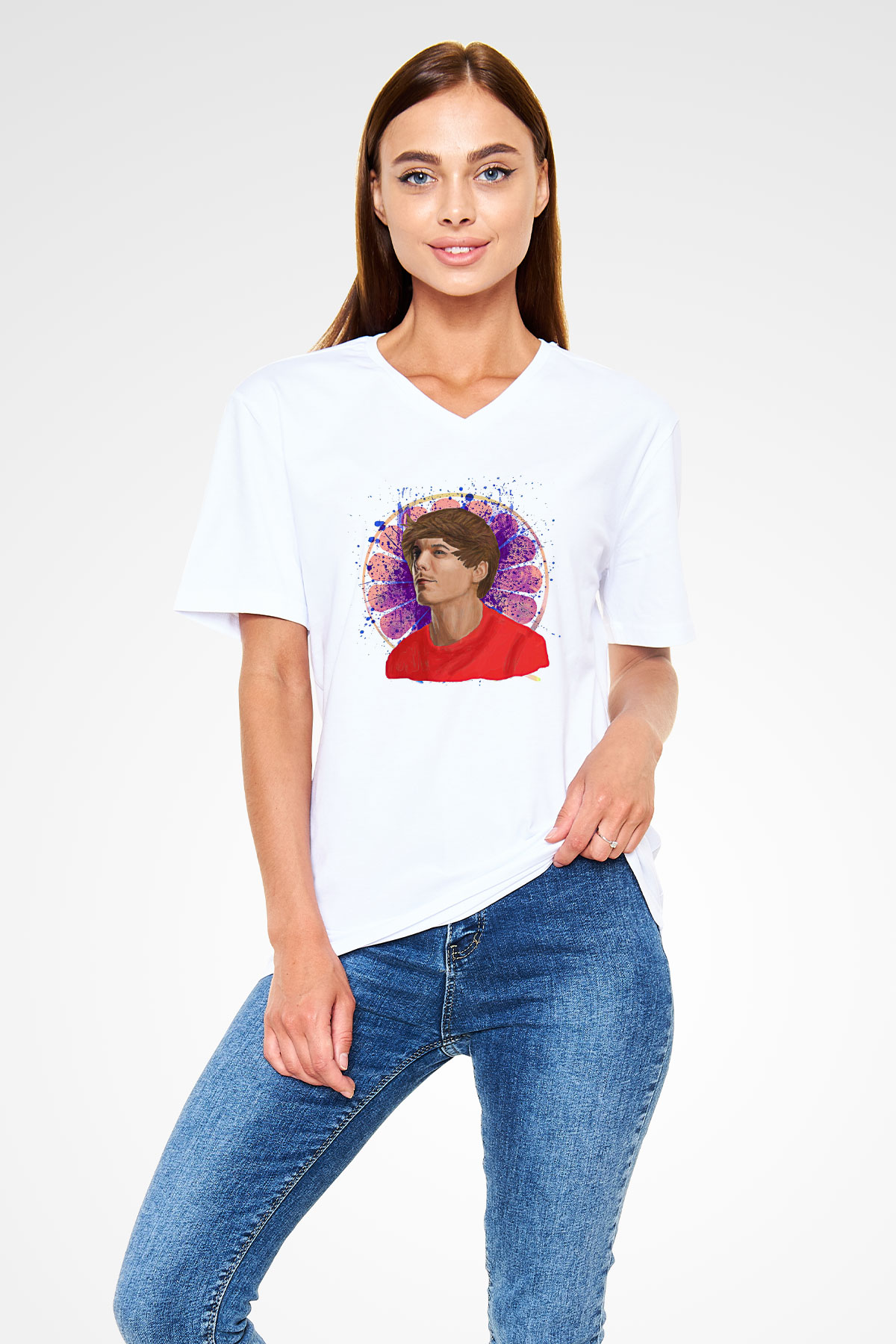 Louis Tomlinson Baskılı Beyaz Unisex V Yaka Tişört - Tshirt