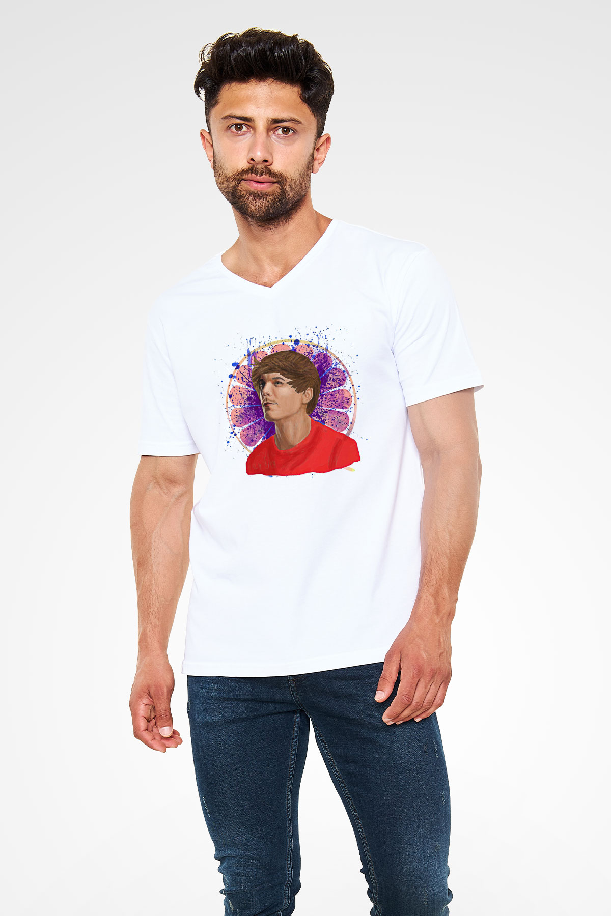 Louis Tomlinson Baskılı Beyaz Unisex V Yaka Tişört - Tshirt