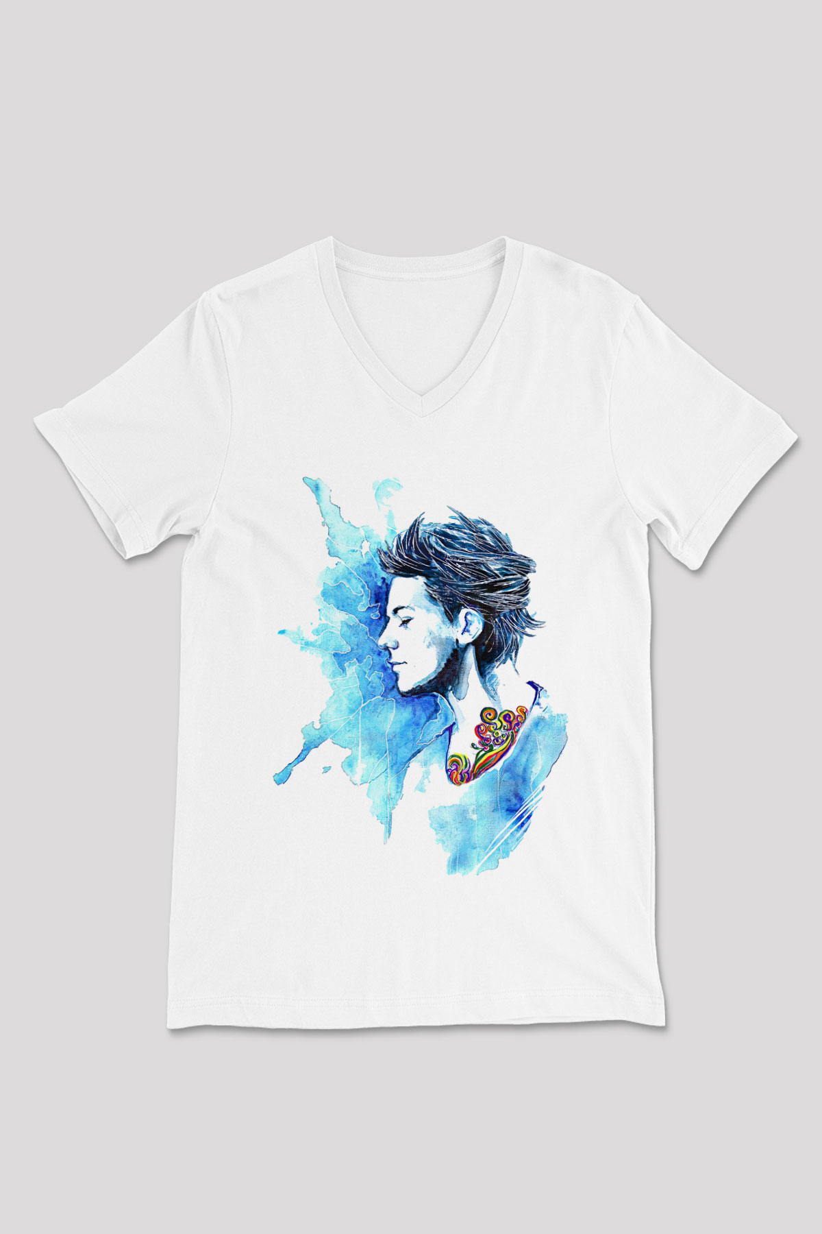 Louis Tomlinson Baskılı Beyaz Unisex V Yaka Tişört - Tshirt