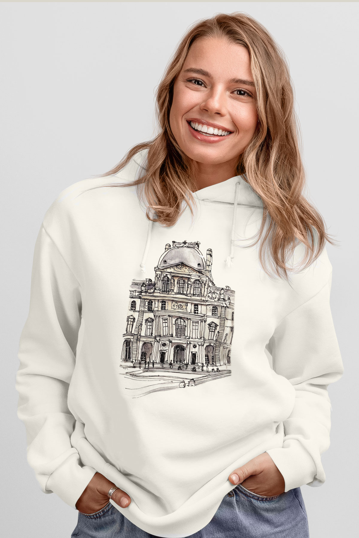 Louvre Müzesi Beyaz Unisex Kapşonlu Sweatshirt