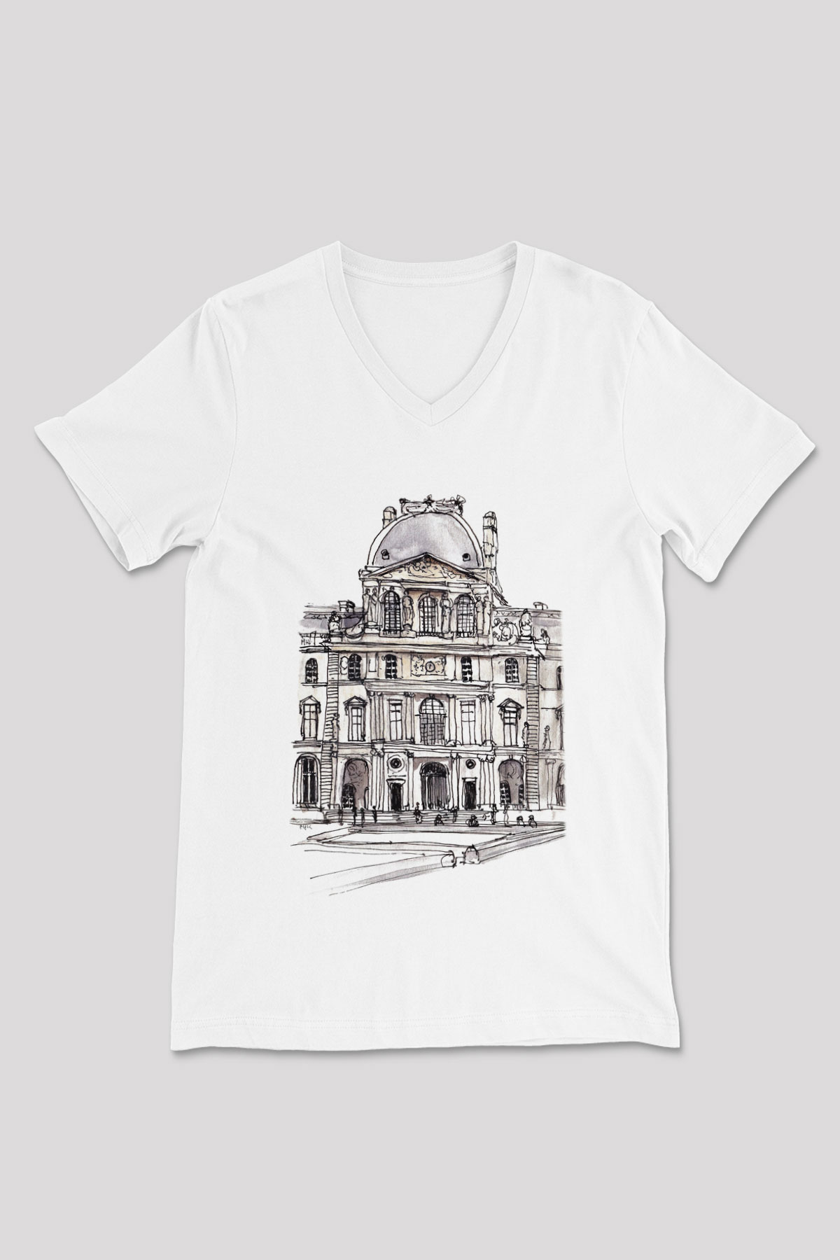 Louvre Müzesi Beyaz Unisex V Yaka Tişört T-Shirt