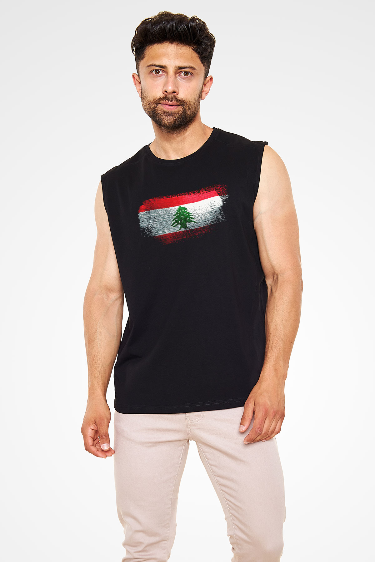 Lübnan - Lebanon Bayrağı Baskılı Unisex Siyah Kolsuz Tişört