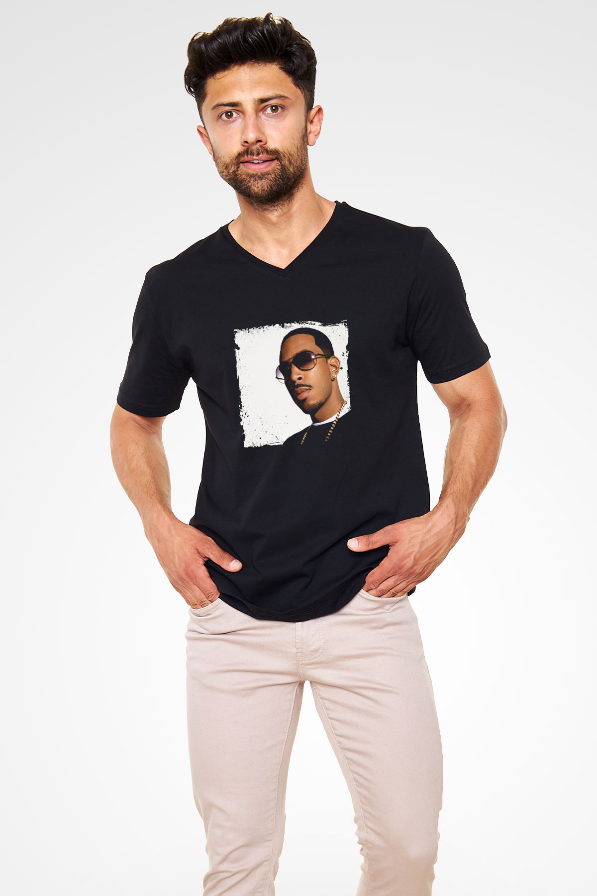 Ludacris Baskılı Unisex Siyah V Yaka Tişört