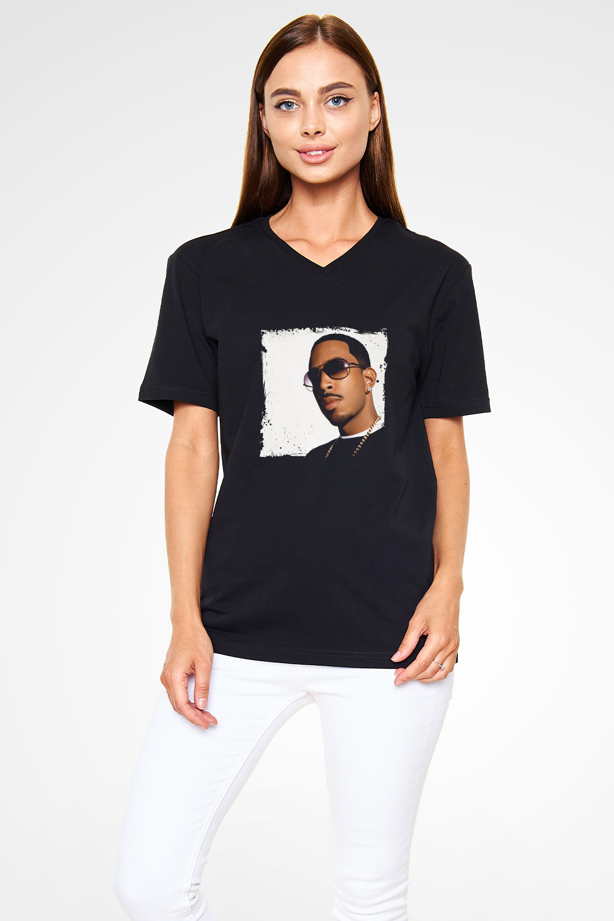 Ludacris Baskılı Unisex Siyah V Yaka Tişört