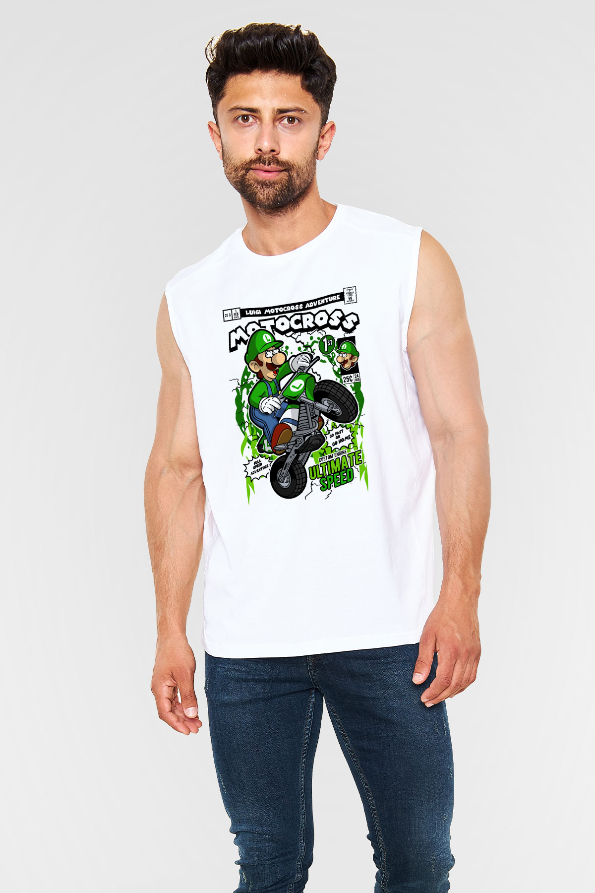 Luigi Motocross Baskılı Unisex Beyaz Kolsuz Tişört