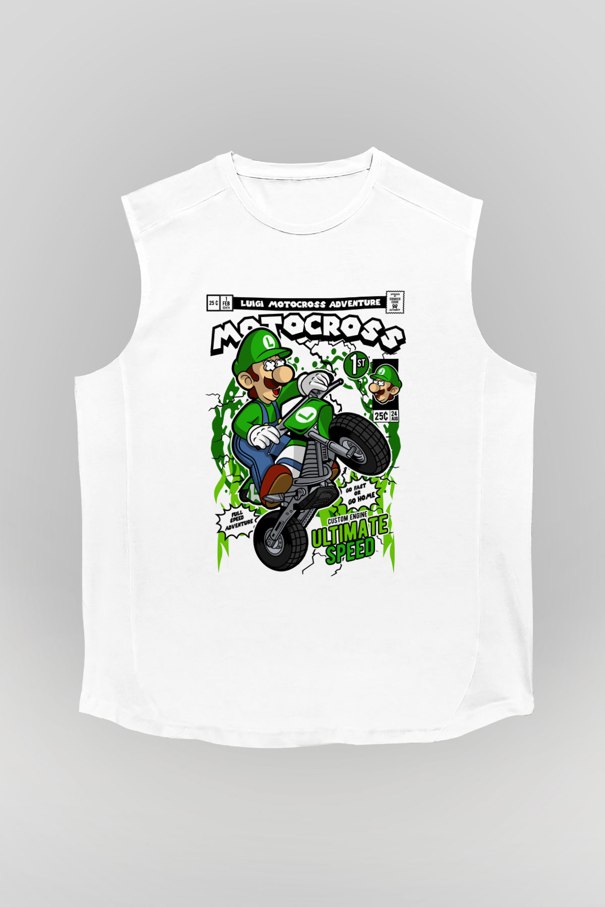 Luigi Motocross Baskılı Unisex Beyaz Kolsuz Tişört
