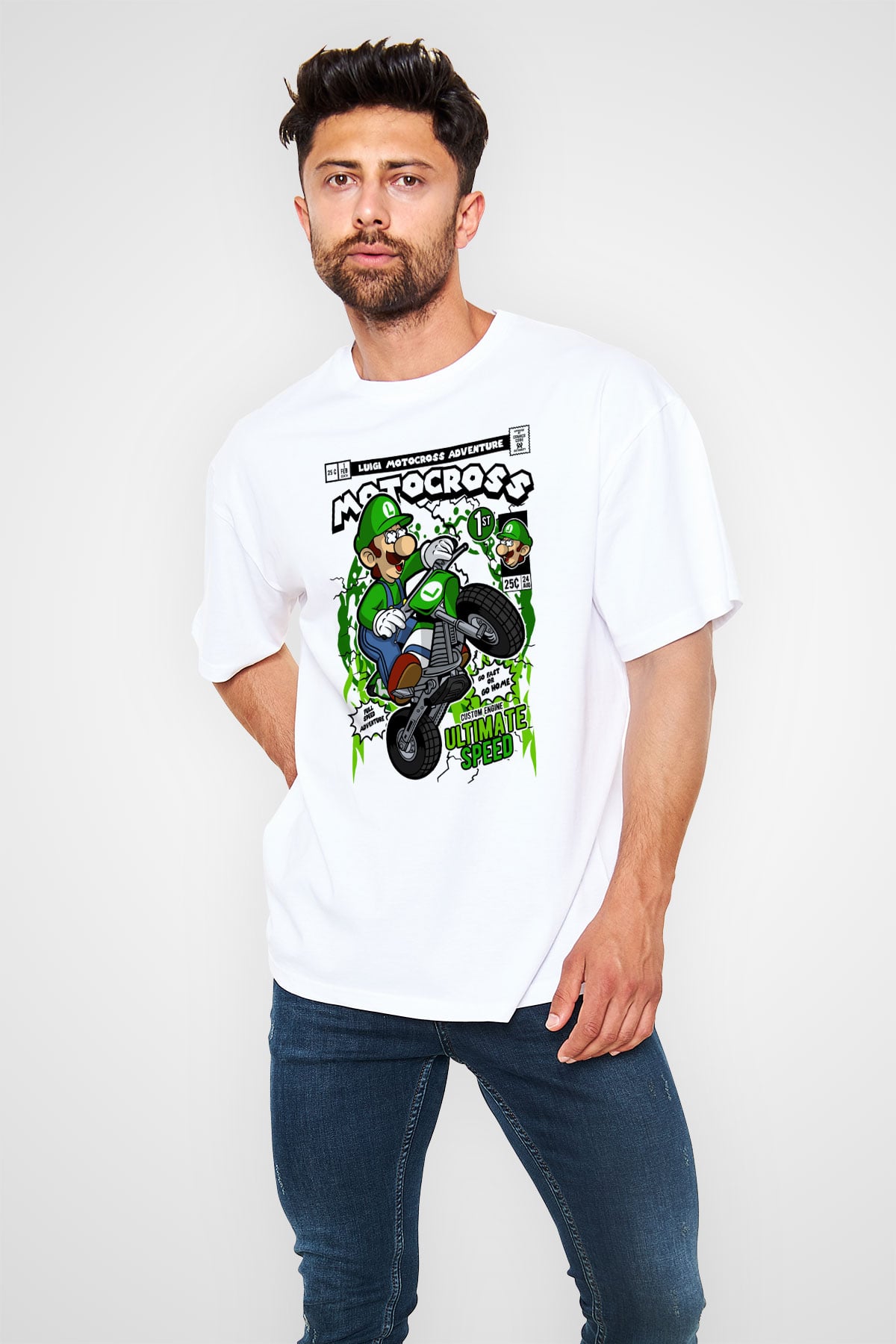 Luigi Motocross Baskılı Unisex Beyaz Oversize Tişört