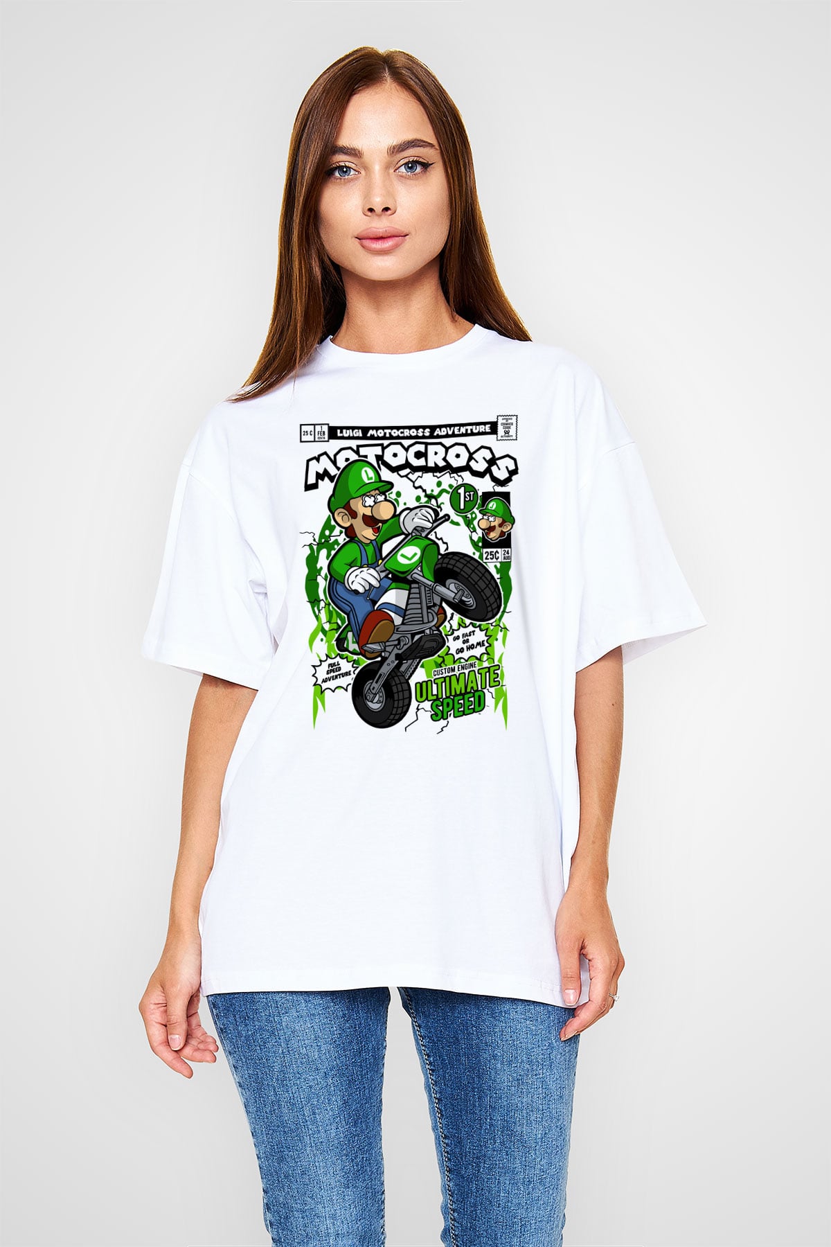 Luigi Motocross Baskılı Unisex Beyaz Oversize Tişört