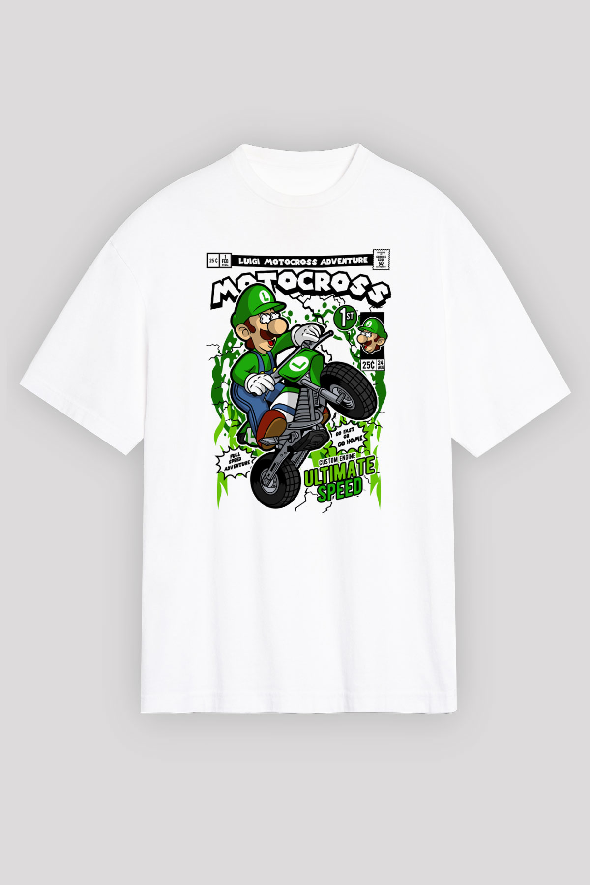 Luigi Motocross Baskılı Unisex Beyaz Oversize Tişört