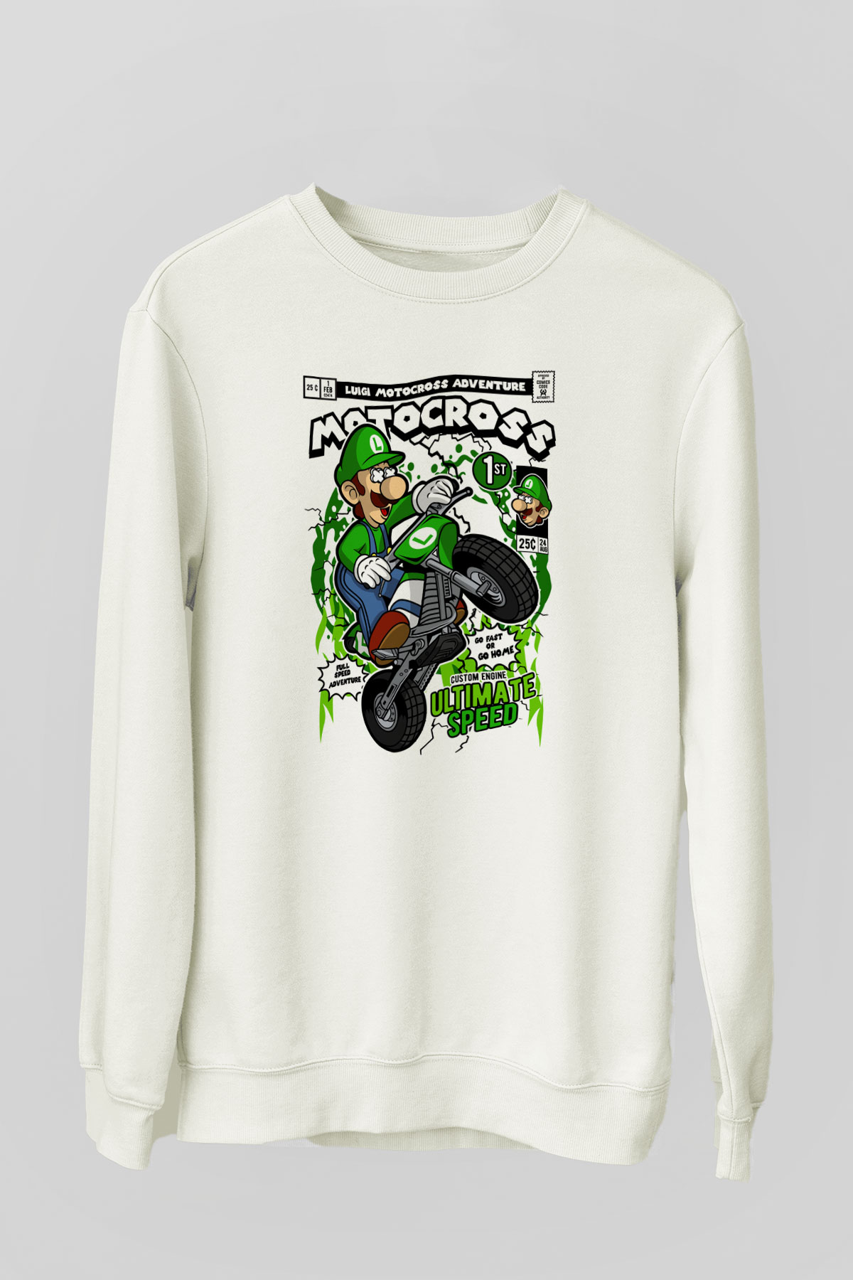 Luigi Motocross Baskılı Unisex Beyaz Sweatshirt