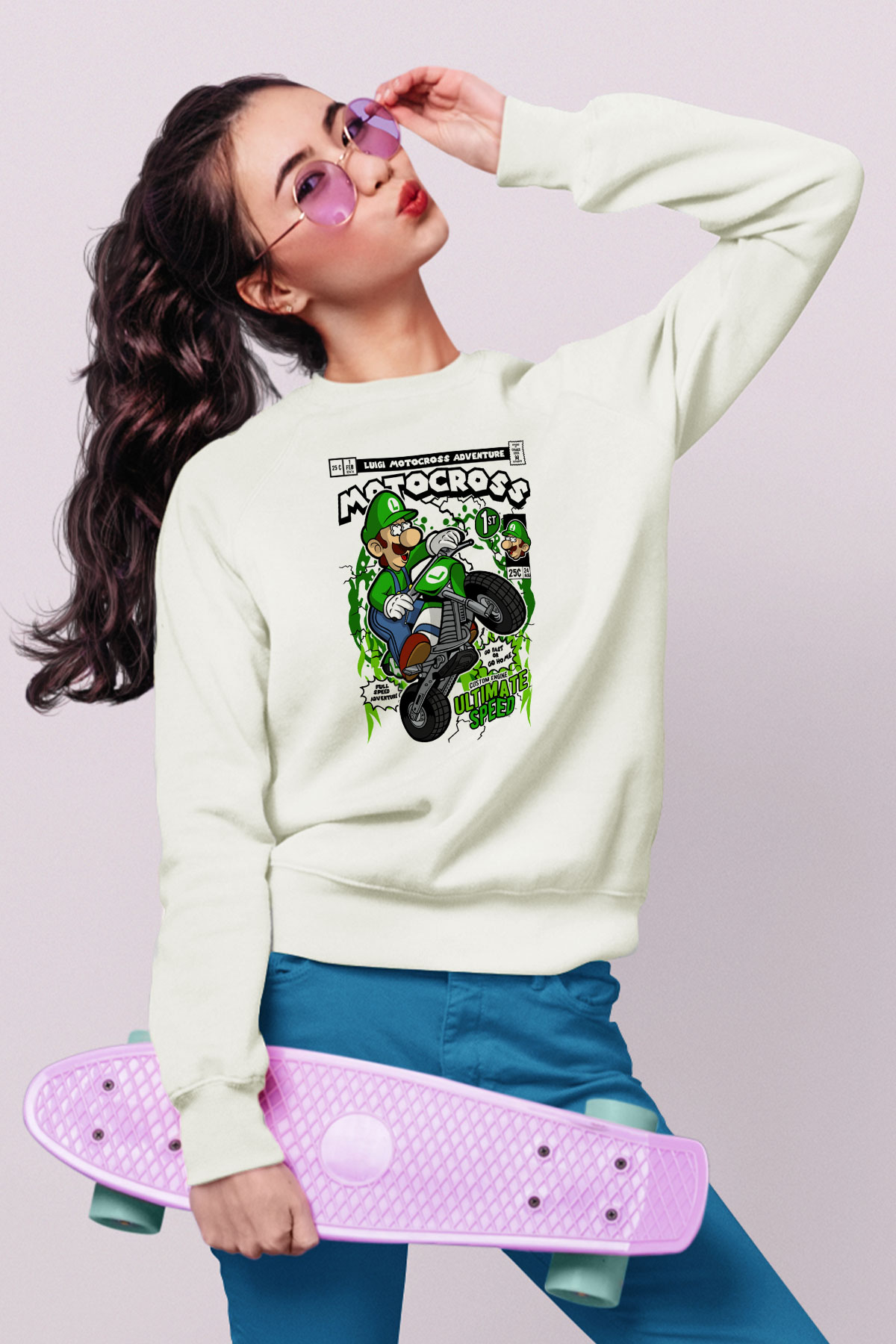 Luigi Motocross Baskılı Unisex Beyaz Sweatshirt