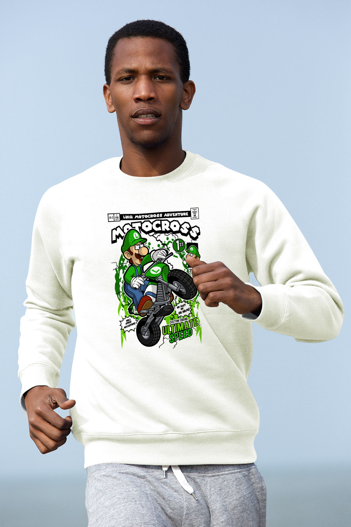 Luigi Motocross Baskılı Unisex Beyaz Sweatshirt