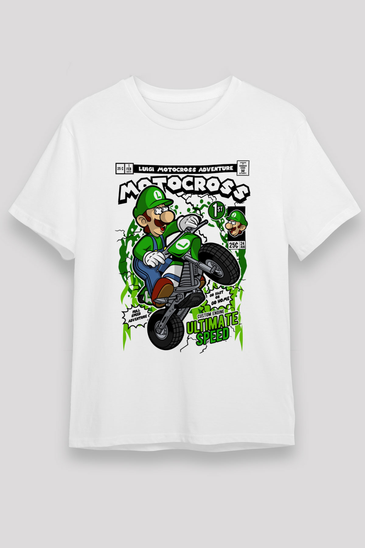 Luigi Motocross Baskılı Unisex Beyaz Tişört