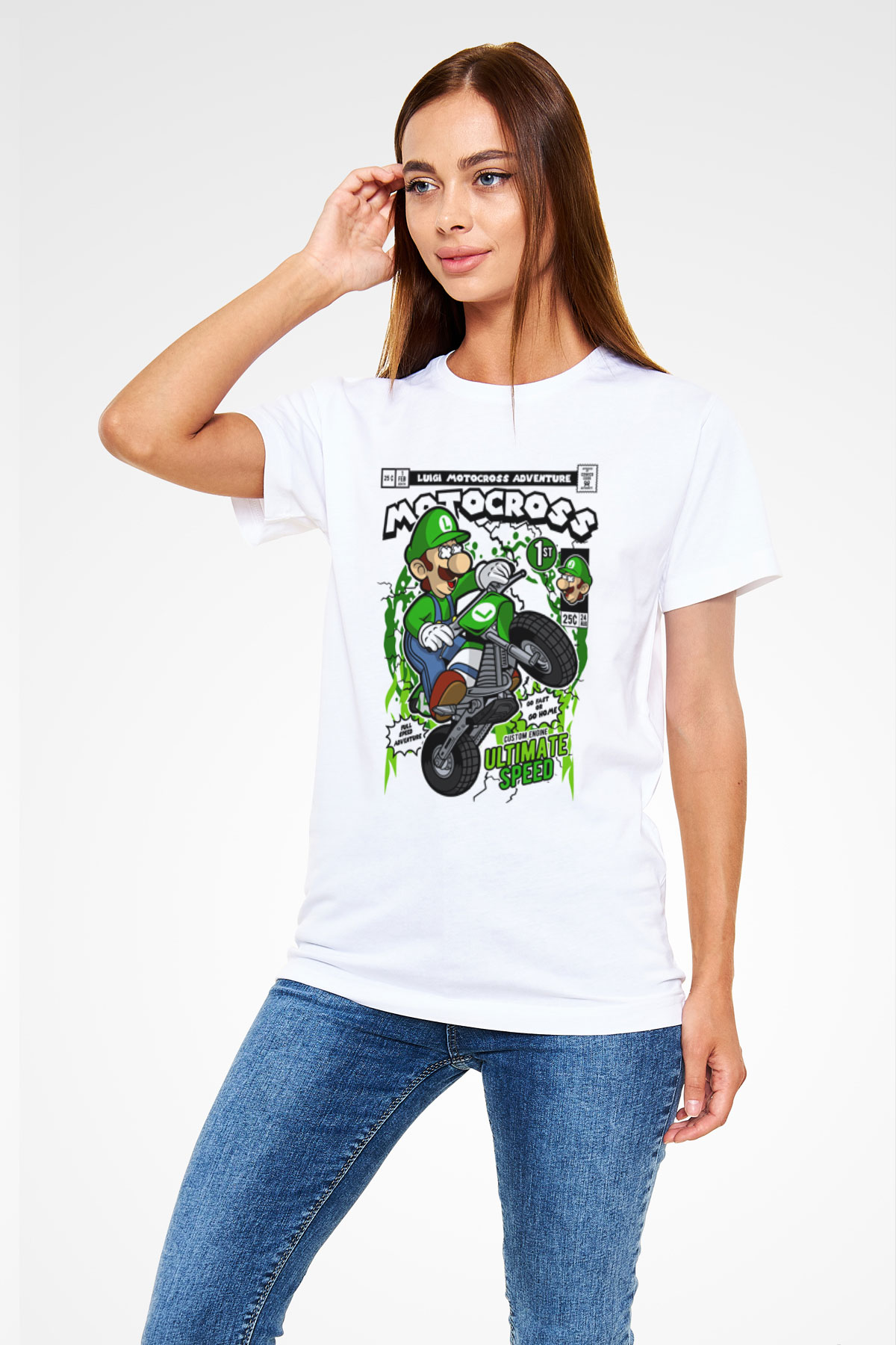 Luigi Motocross Baskılı Unisex Beyaz Tişört
