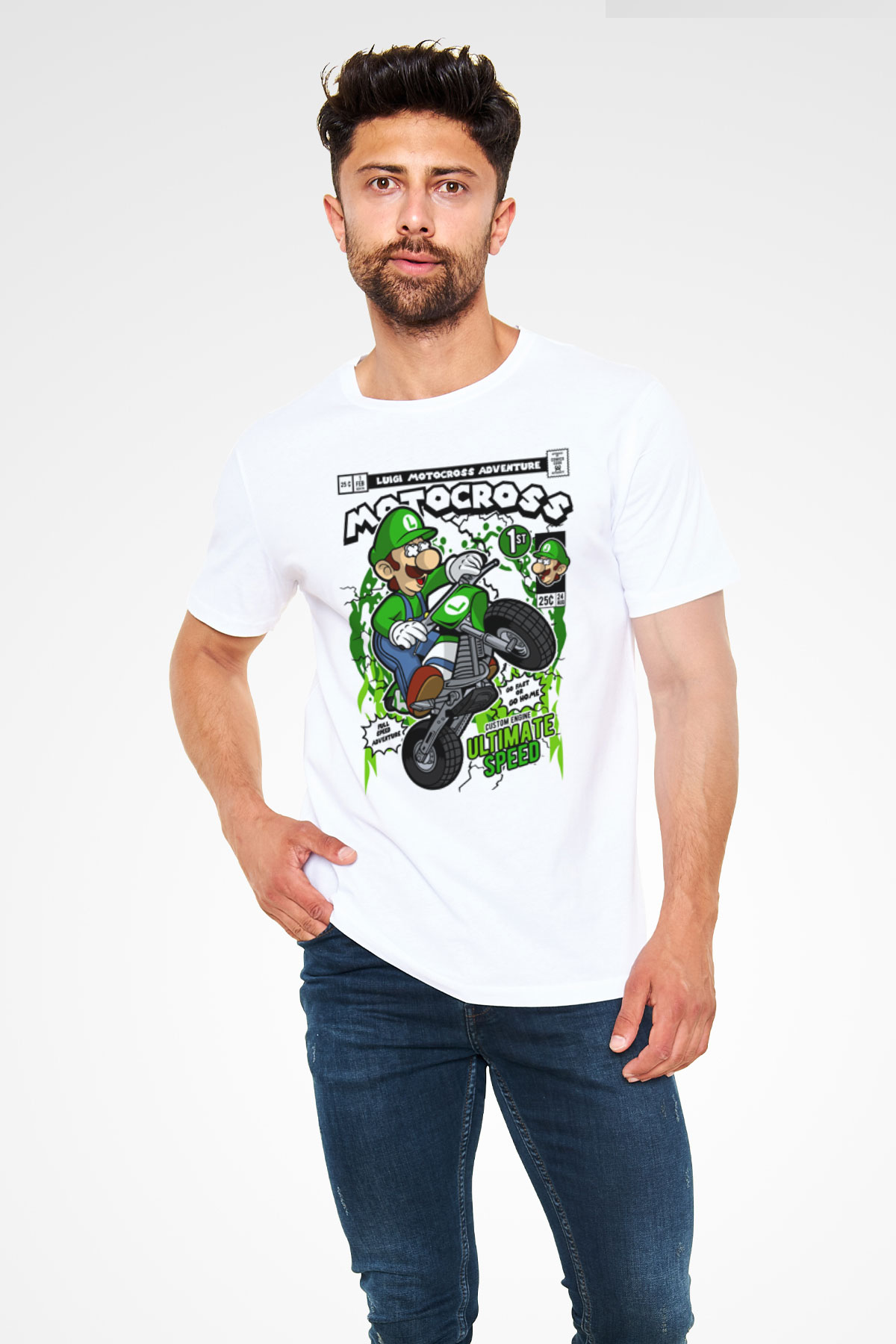 Luigi Motocross Baskılı Unisex Beyaz Tişört