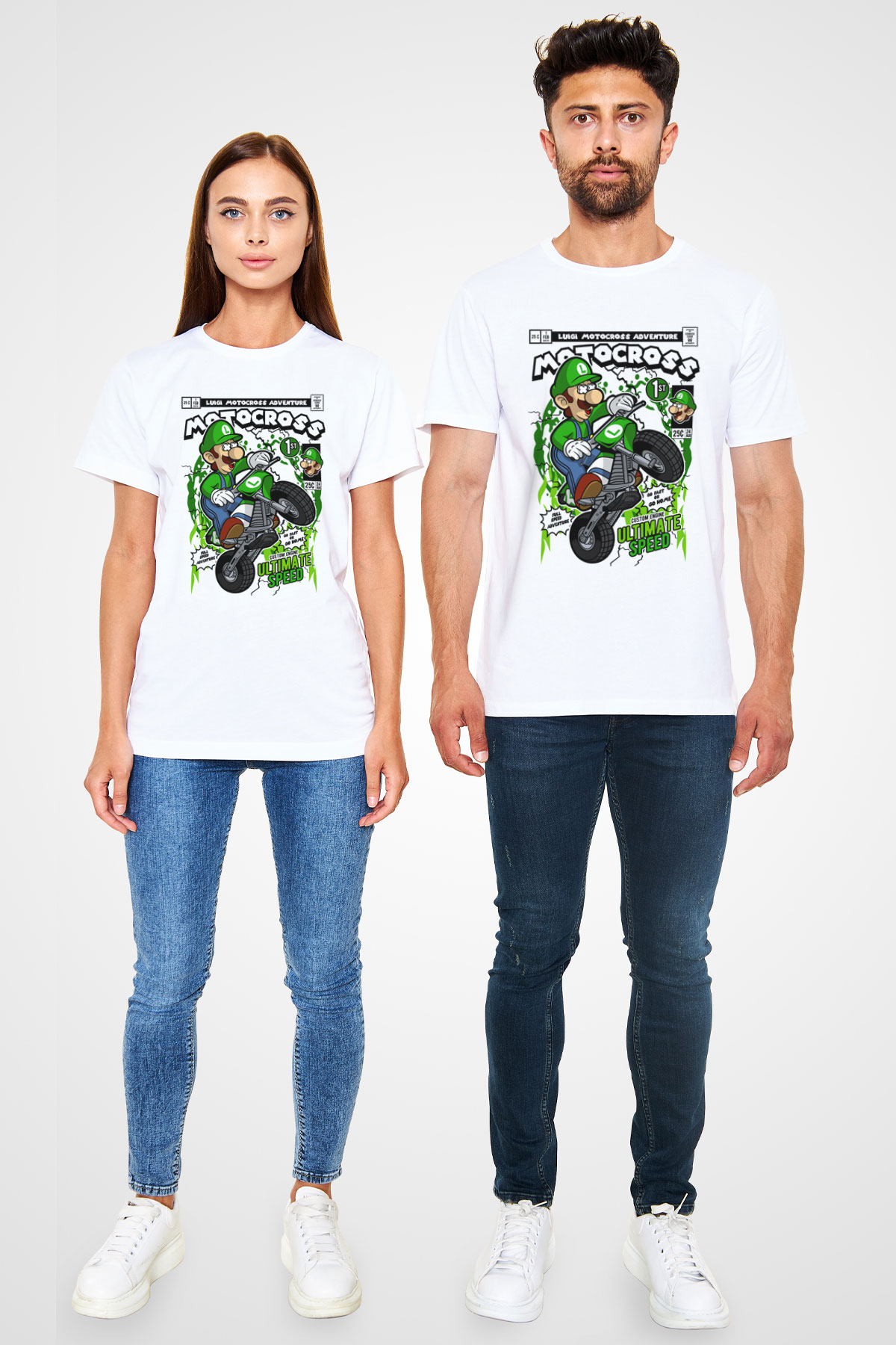 Luigi Motocross Baskılı Unisex Beyaz Tişört