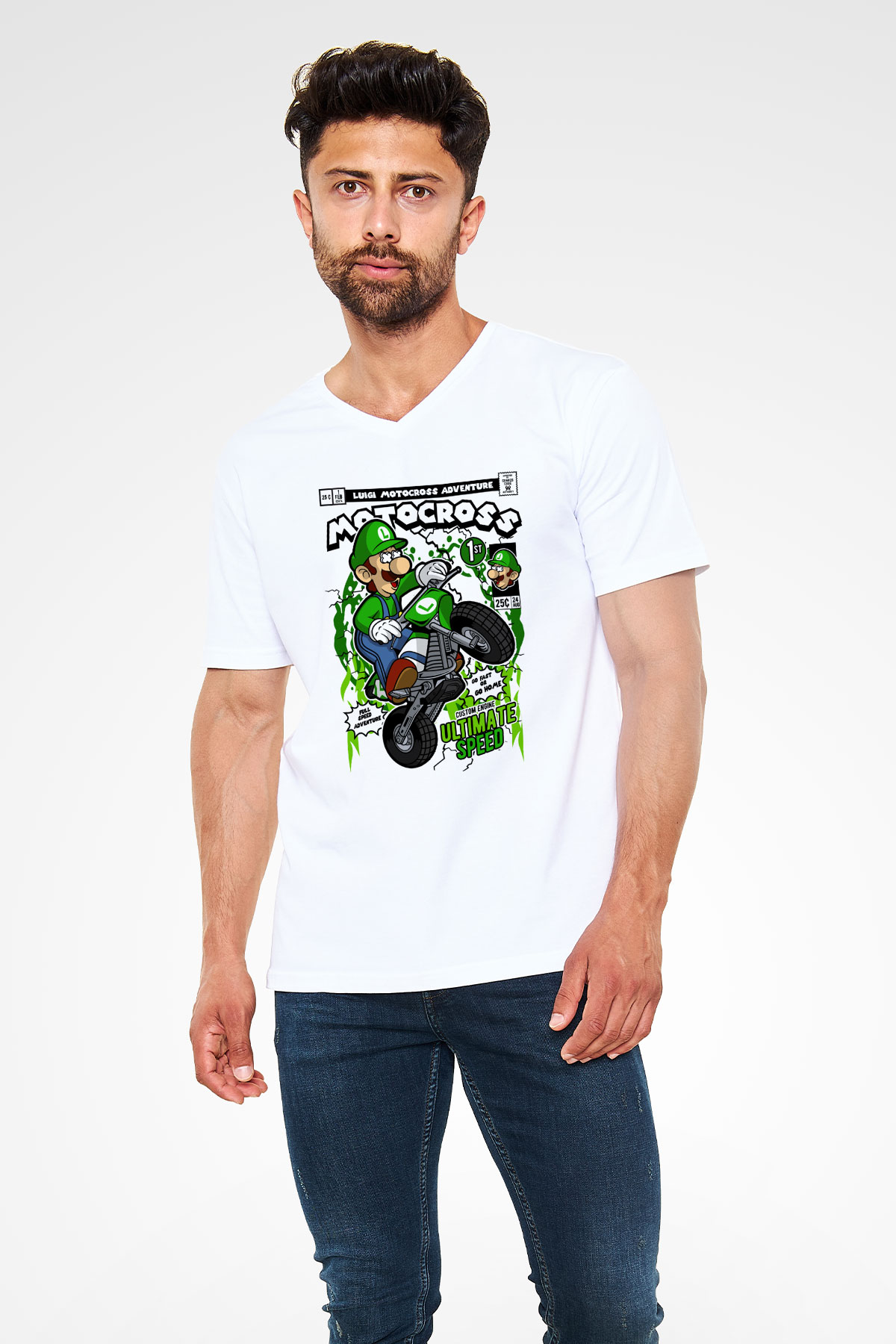 Luigi Motocross Baskılı Unisex Beyaz V Yaka Tişört