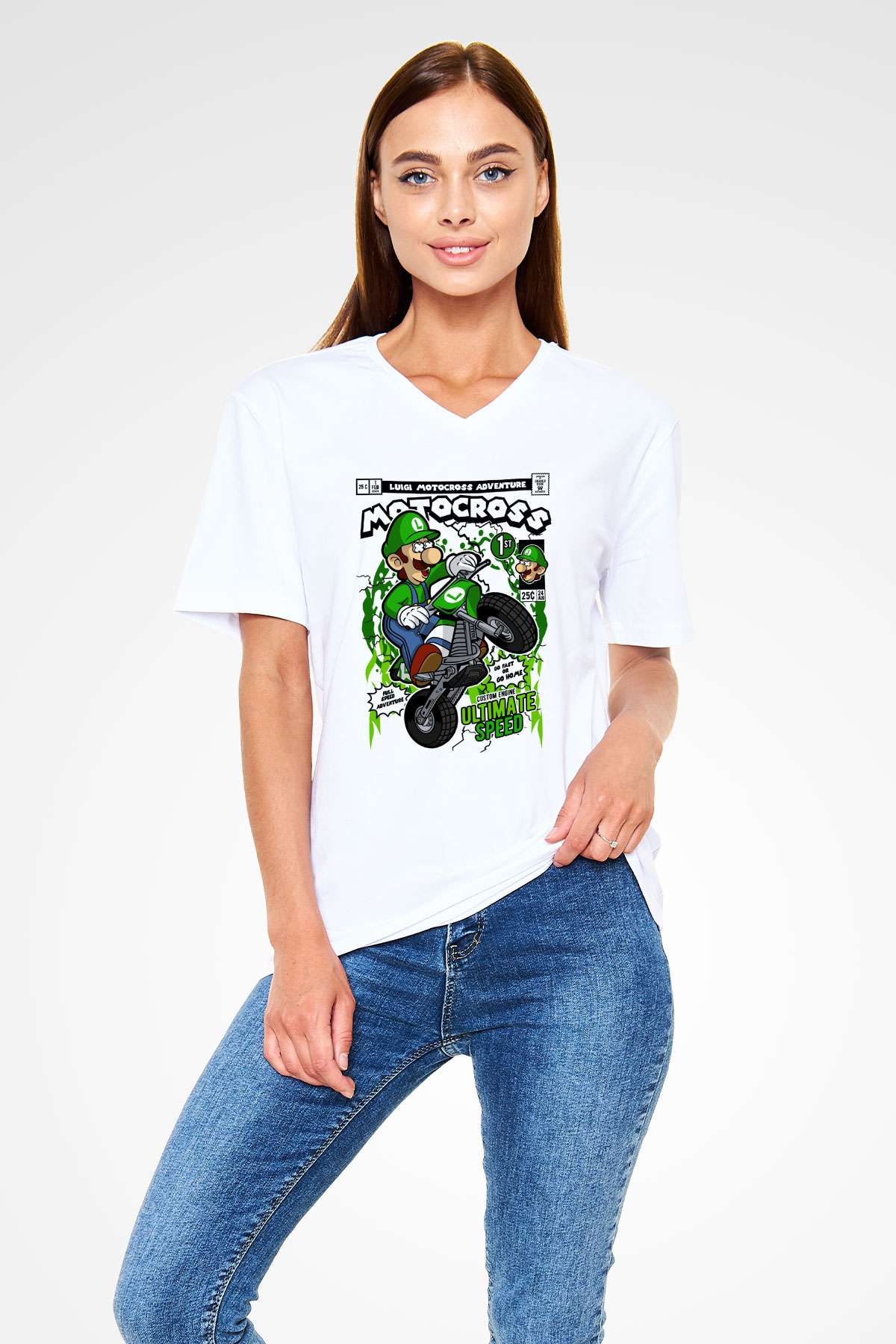 Luigi Motocross Baskılı Unisex Beyaz V Yaka Tişört