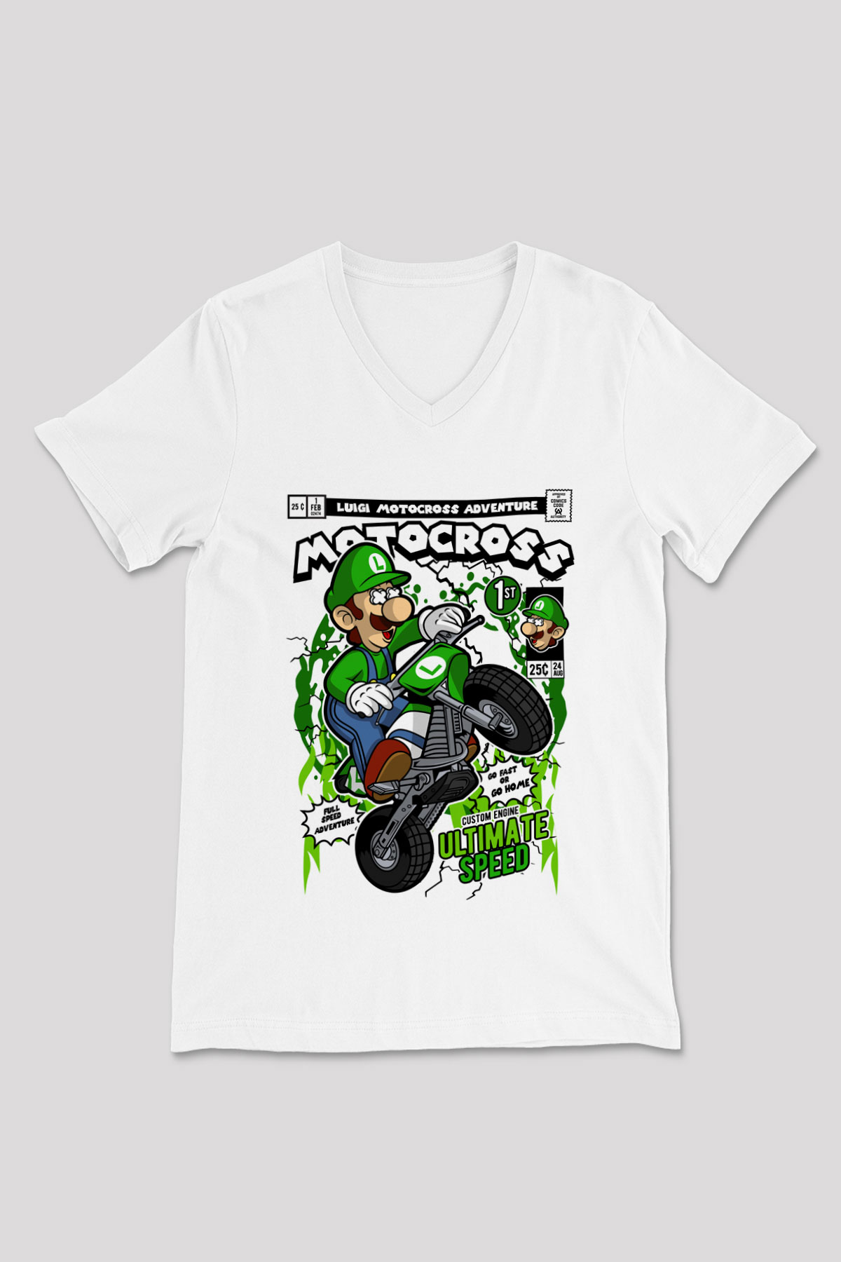 Luigi Motocross Baskılı Unisex Beyaz V Yaka Tişört
