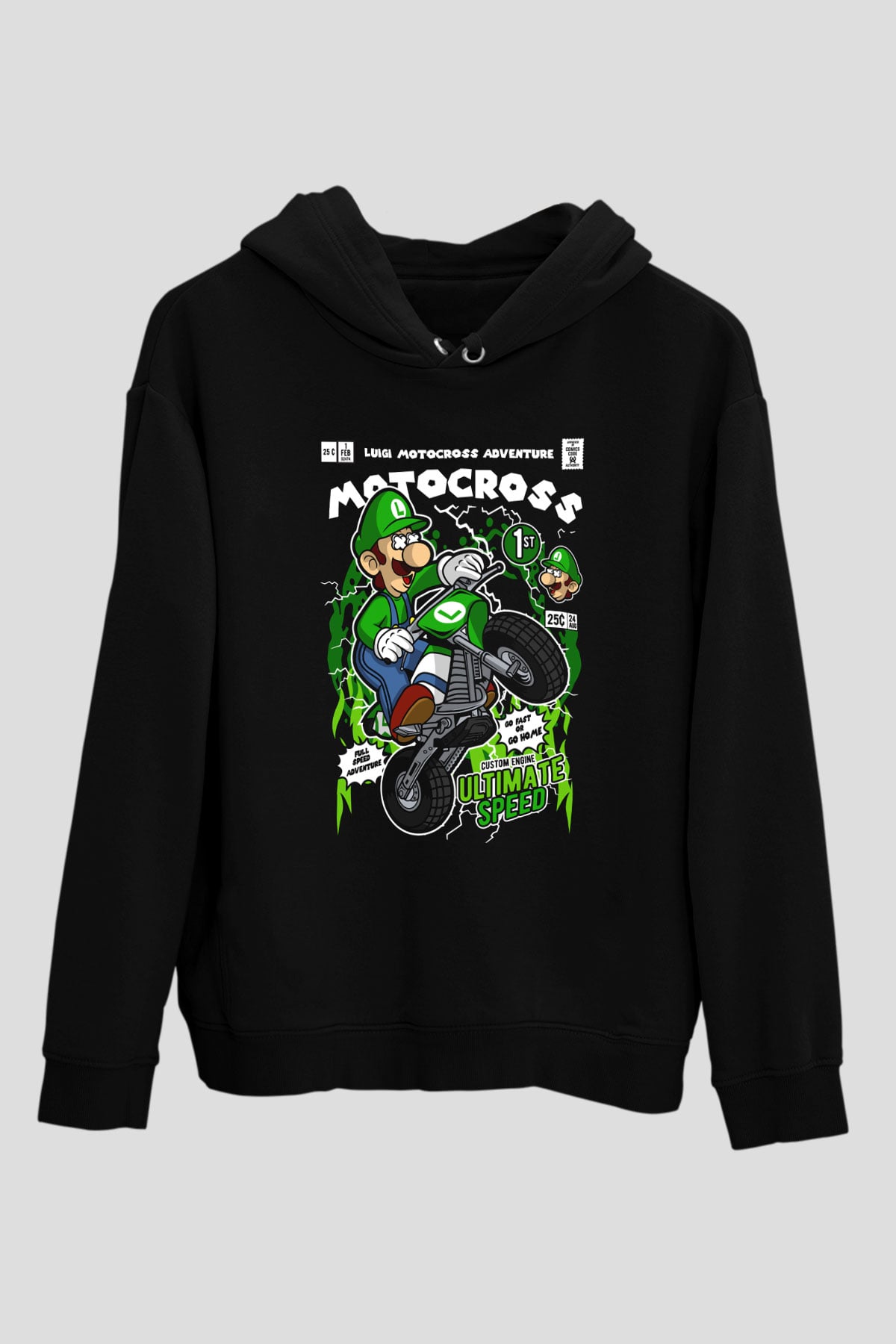 Luigi Motocross Baskılı Unisex Siyah Hoodie