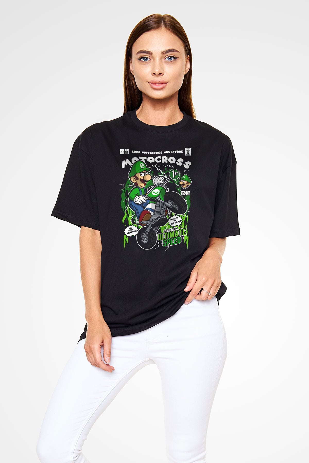 Luigi Motocross Baskılı Unisex Siyah Oversize Tişört