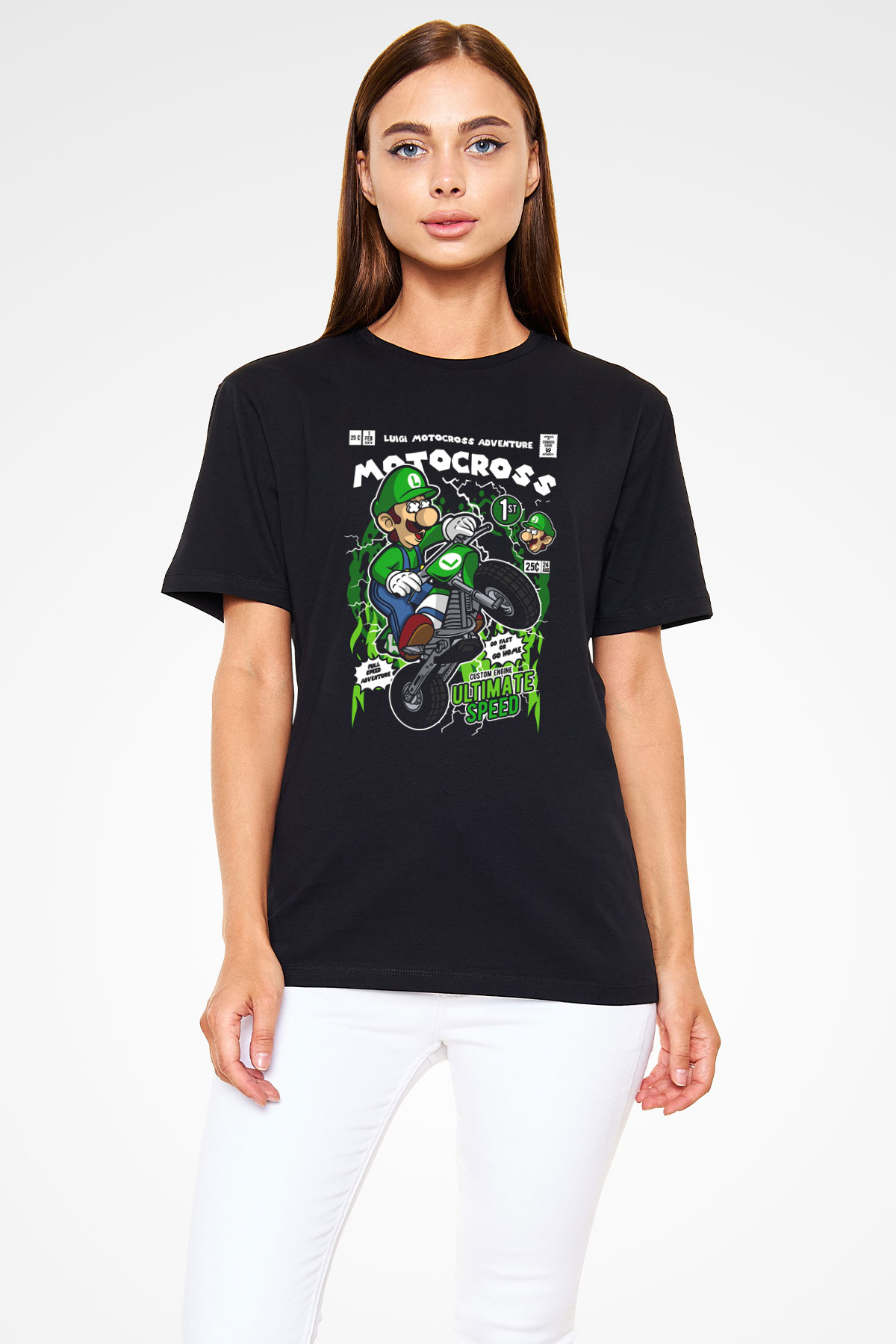 Luigi Motocross Baskılı Unisex Siyah Tişört