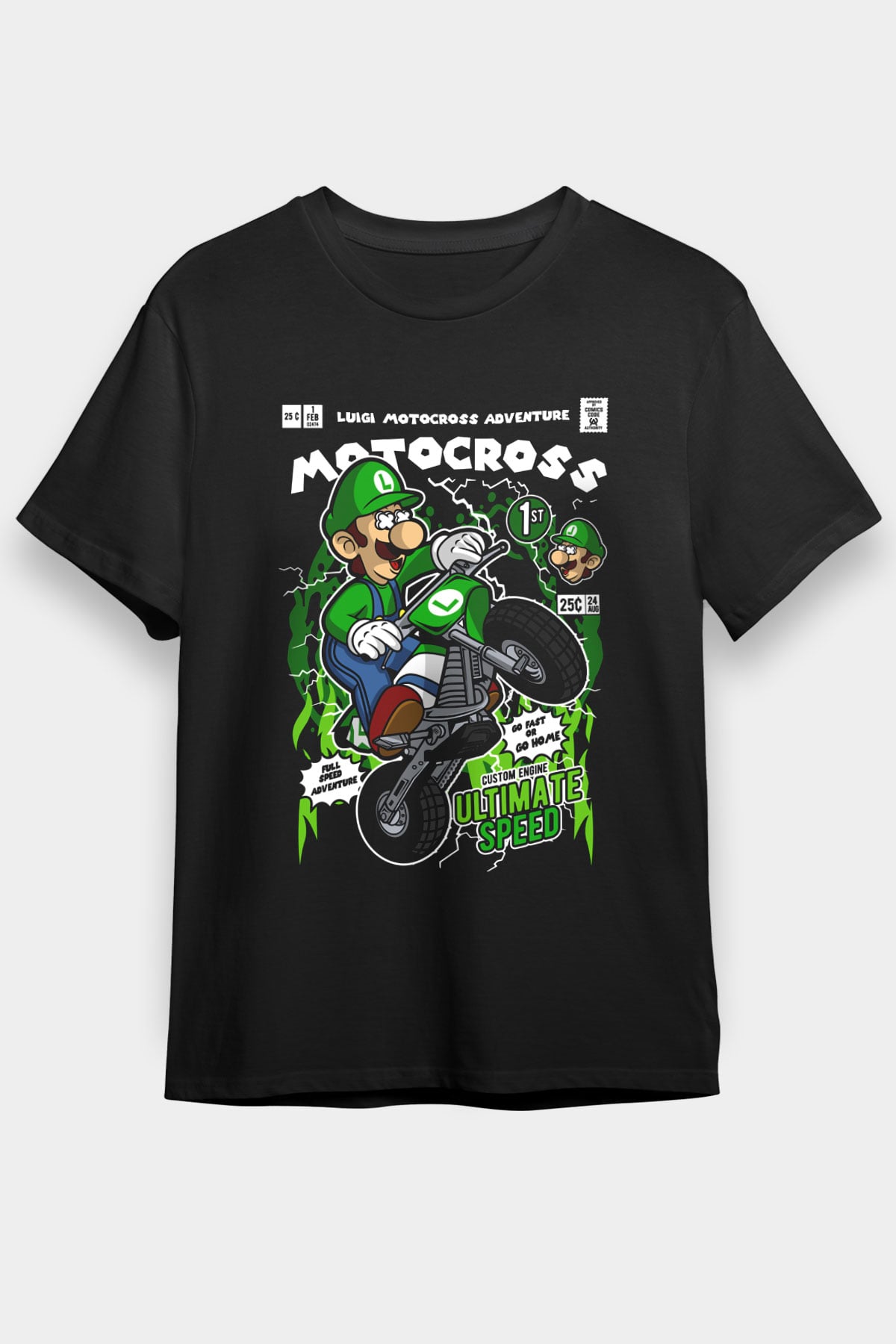 Luigi Motocross Baskılı Unisex Siyah Tişört