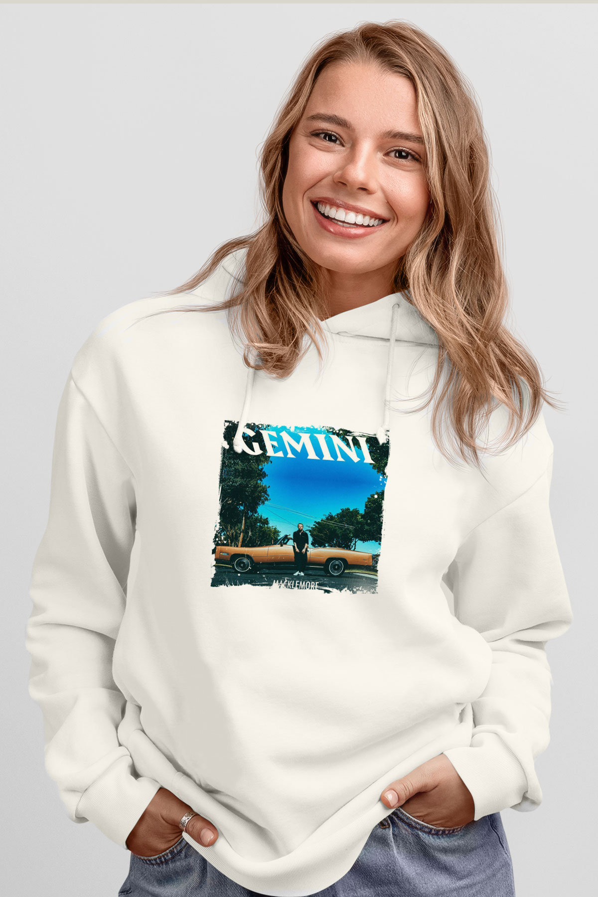 Macklemore Baskılı Unisex Beyaz Kapüşonlu Sweatshirt