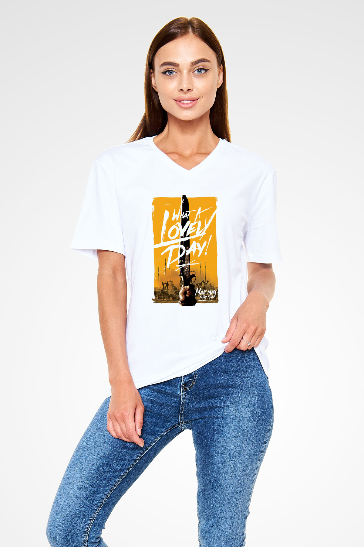 Mad Max Beyaz Unisex V Yaka Tişört T-Shirt