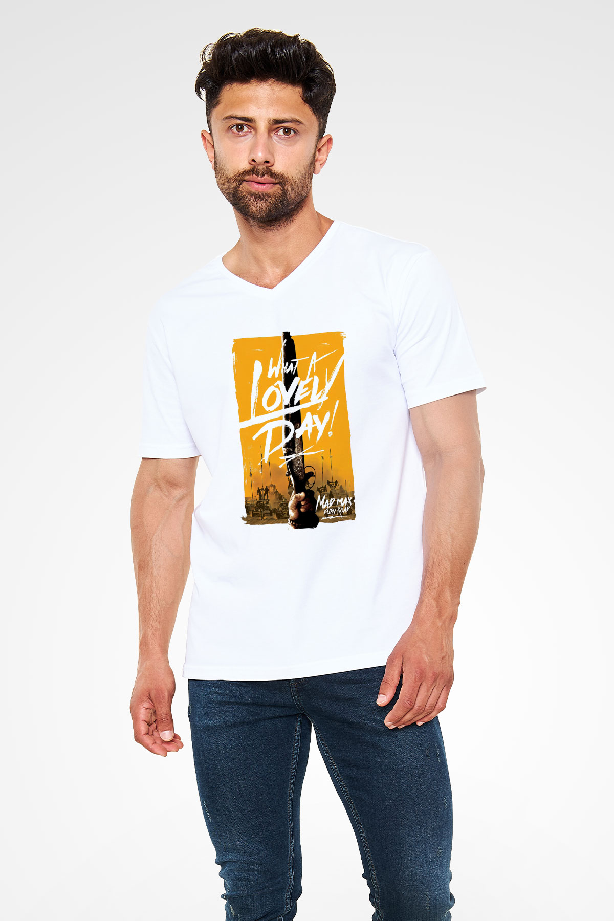 Mad Max Beyaz Unisex V Yaka Tişört T-Shirt
