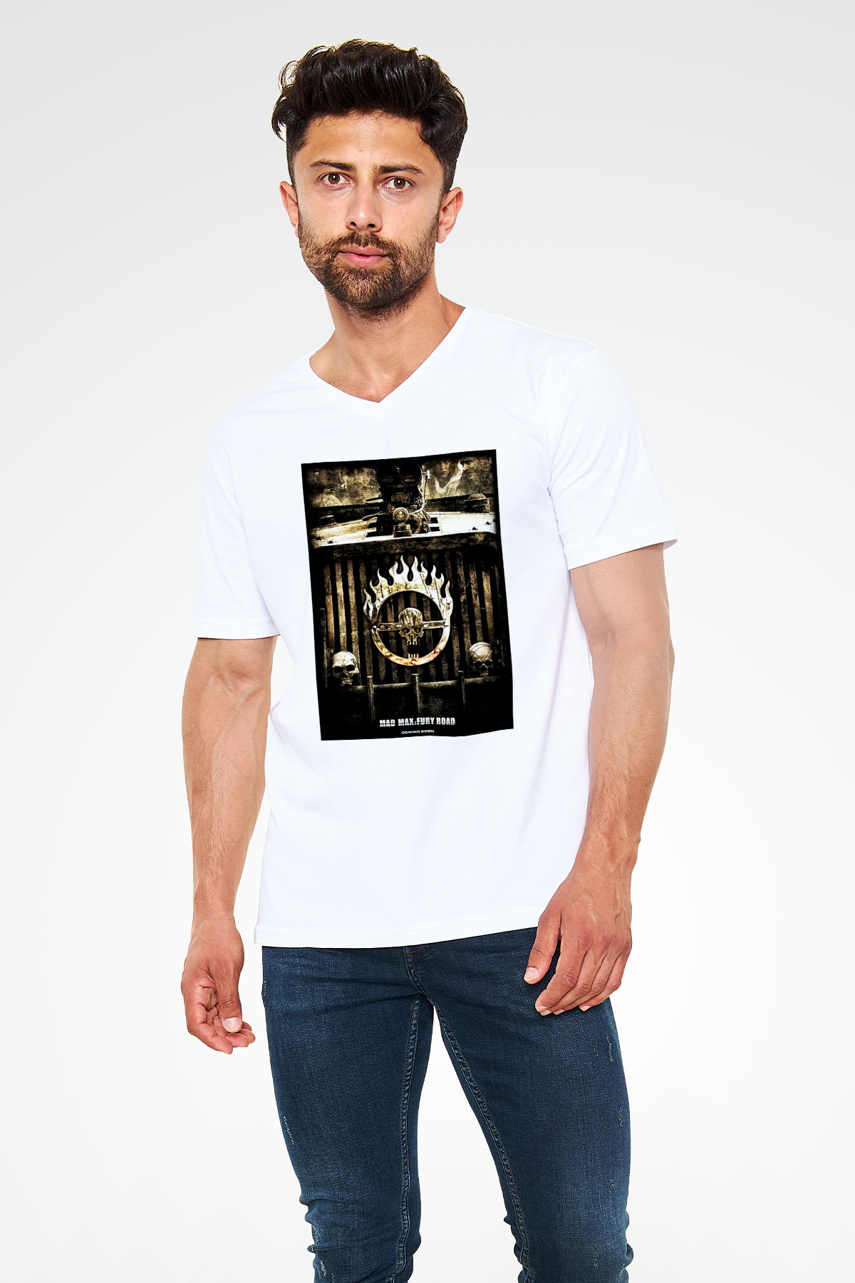 Mad Max Beyaz Unisex V Yaka Tişört T-Shirt