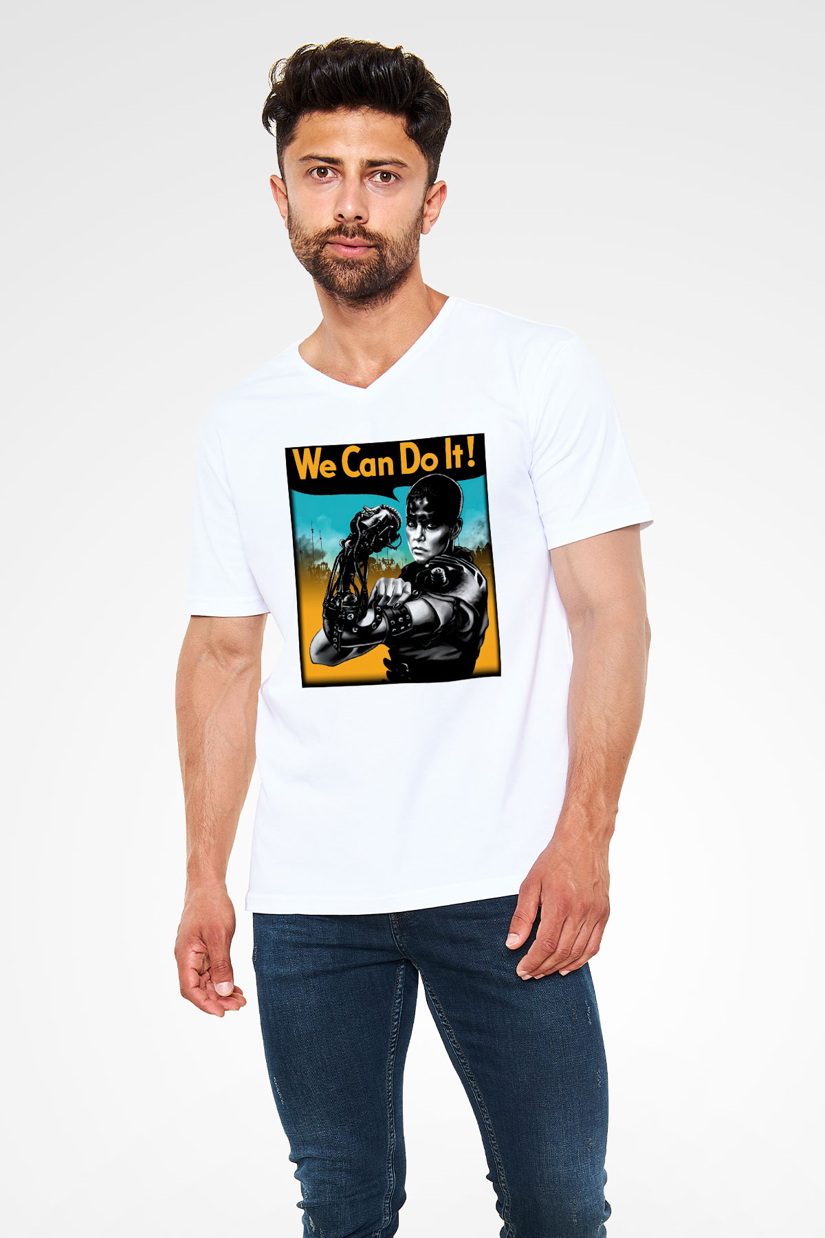 Mad Max Beyaz Unisex V Yaka Tişört T-Shirt