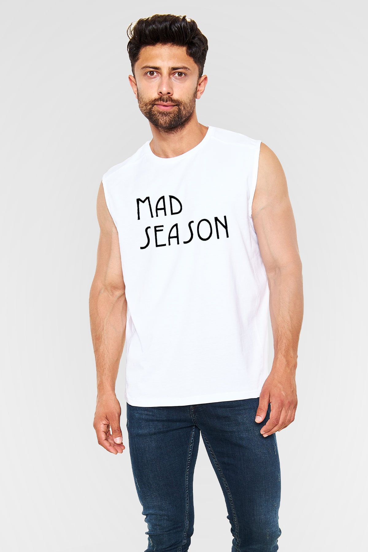Mad Season Baskılı Beyaz Unisex Kolsuz Tişört - Tshirt