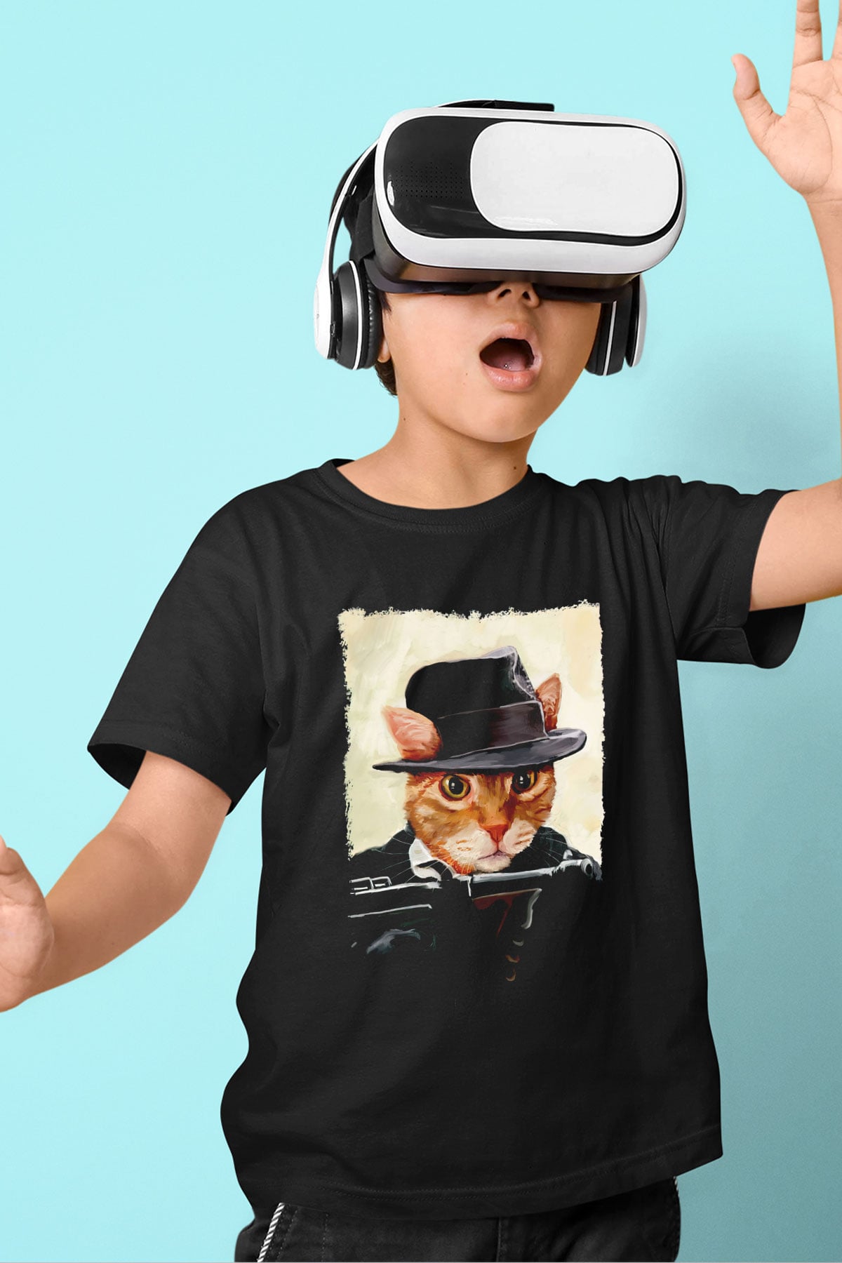 Mafya Kedi Baskılı Unisex Siyah  Çocuk Tişört
