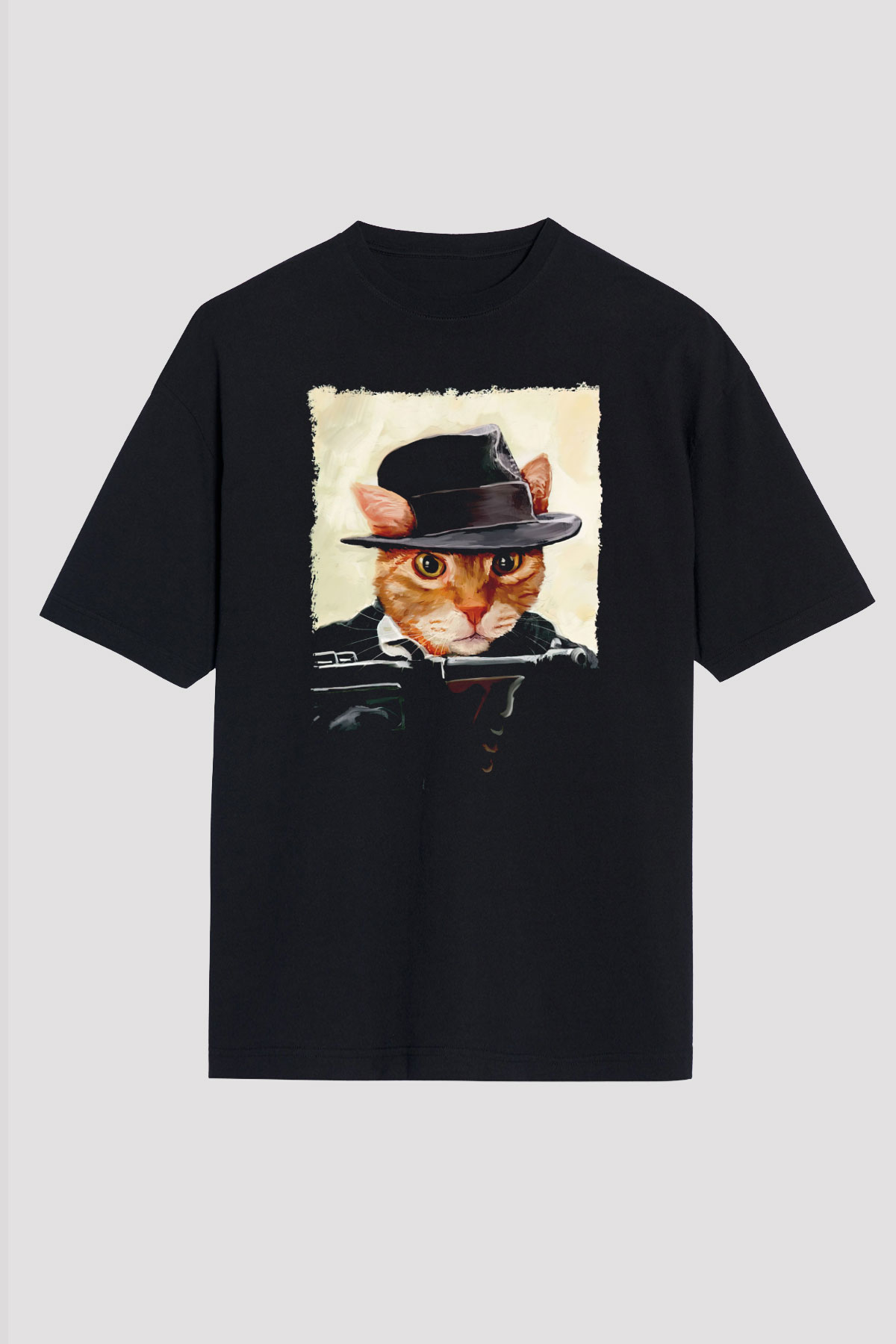Mafya Kedi Baskılı Oversize Siyah Tişört