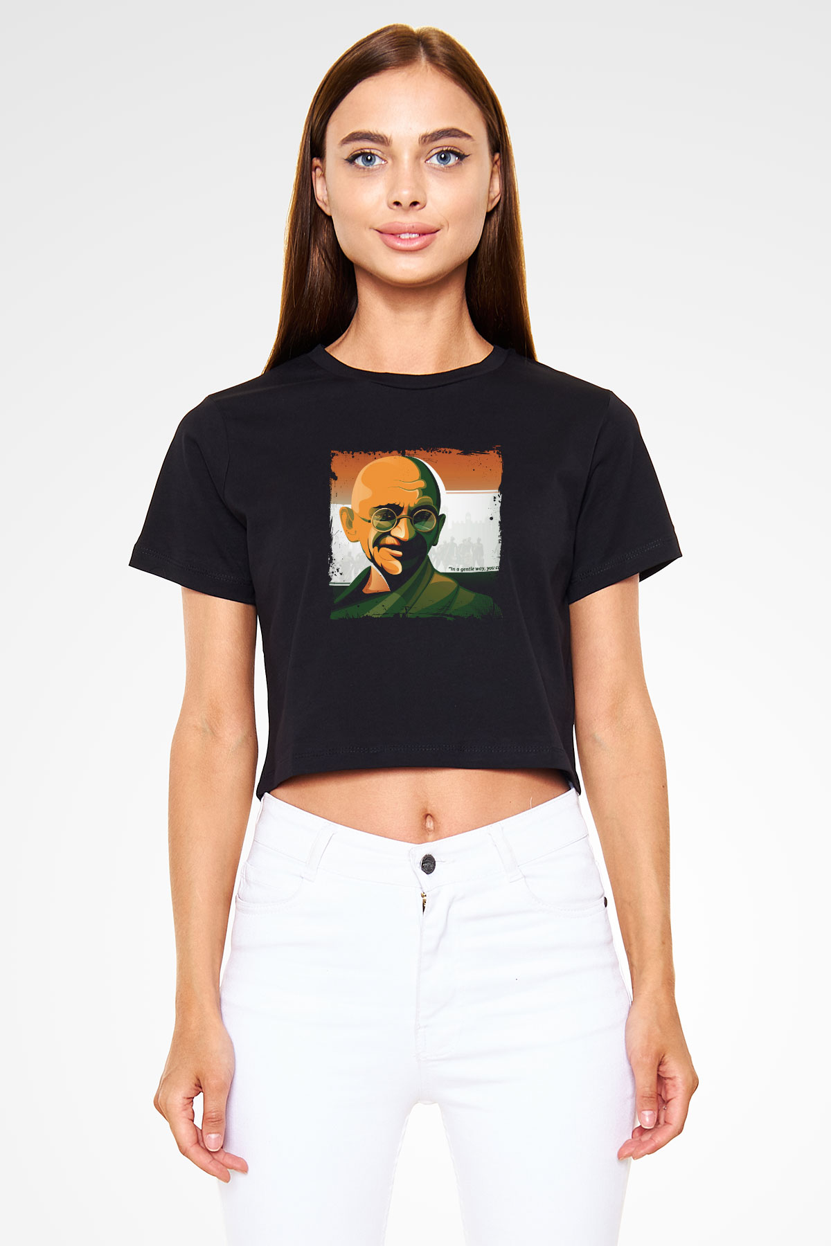 Mahatma Gandi Baskılı Siyah Kadın Crop Top Tişört