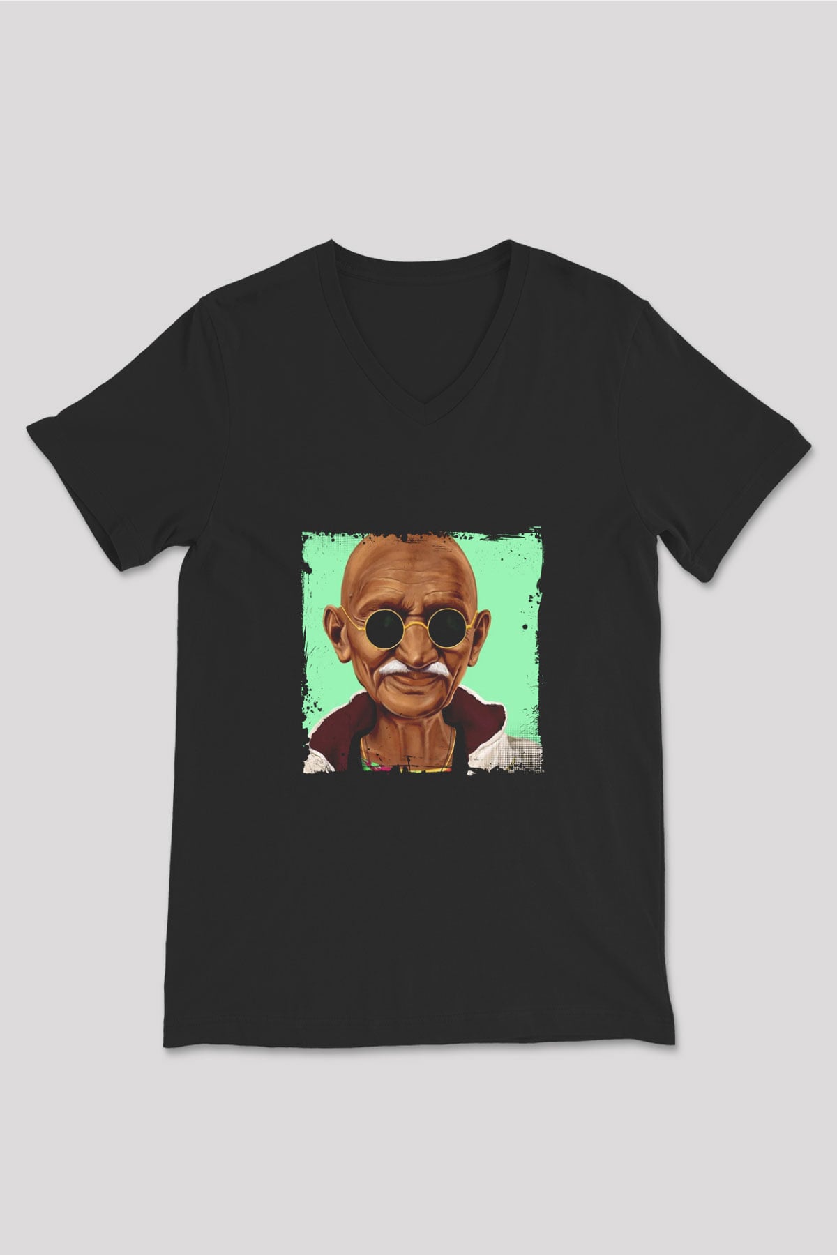Mahatma Gandi Baskılı Unisex Siyah V Yaka Tişört