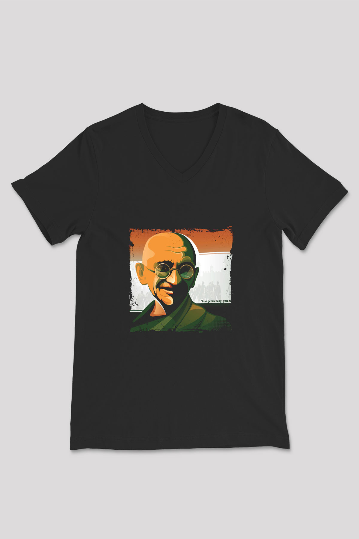 Mahatma Gandi Baskılı Unisex Siyah V Yaka Tişört