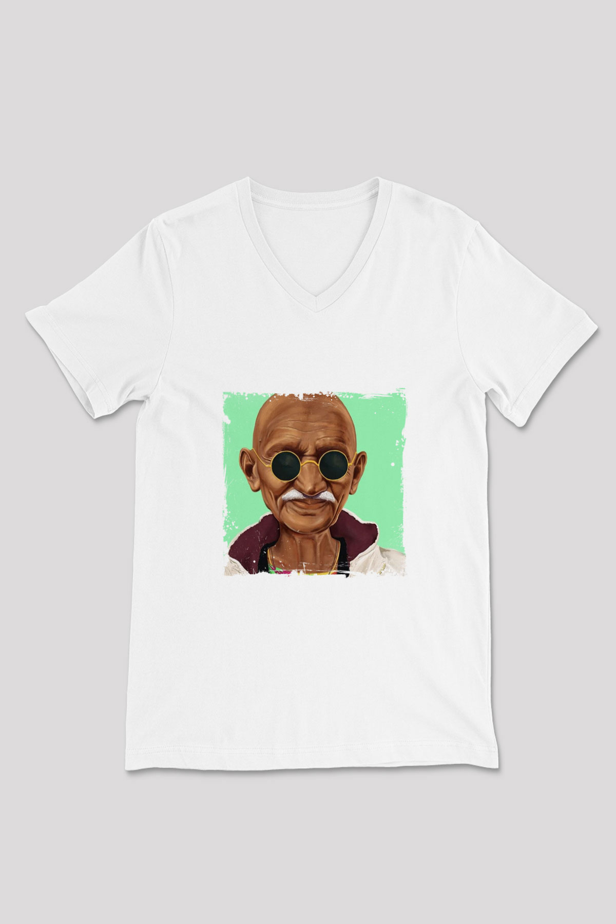Mahatma Gandi Baskılı V Yaka Unisex Beyaz Tişört