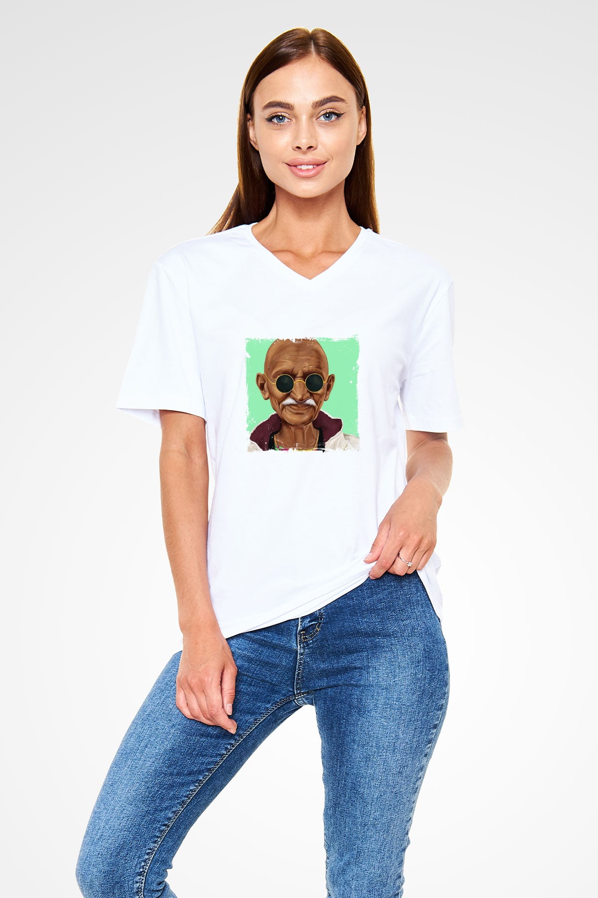 Mahatma Gandi Baskılı V Yaka Unisex Beyaz Tişört