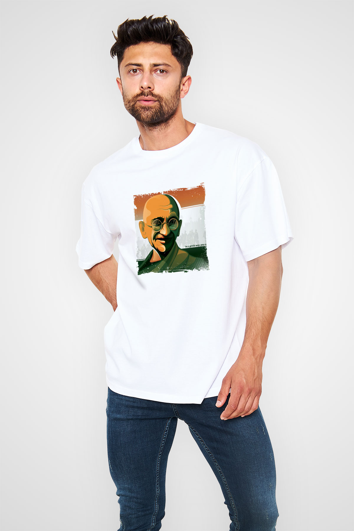 Mahatma Gandi Oversize Baskılı Beyaz Tişört
