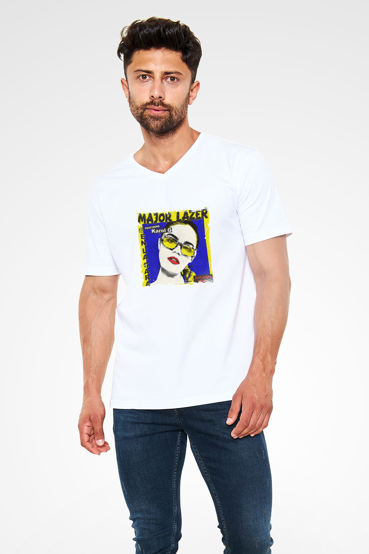 Major Lazer Baskılı Beyaz V Yaka Unisex Tişört