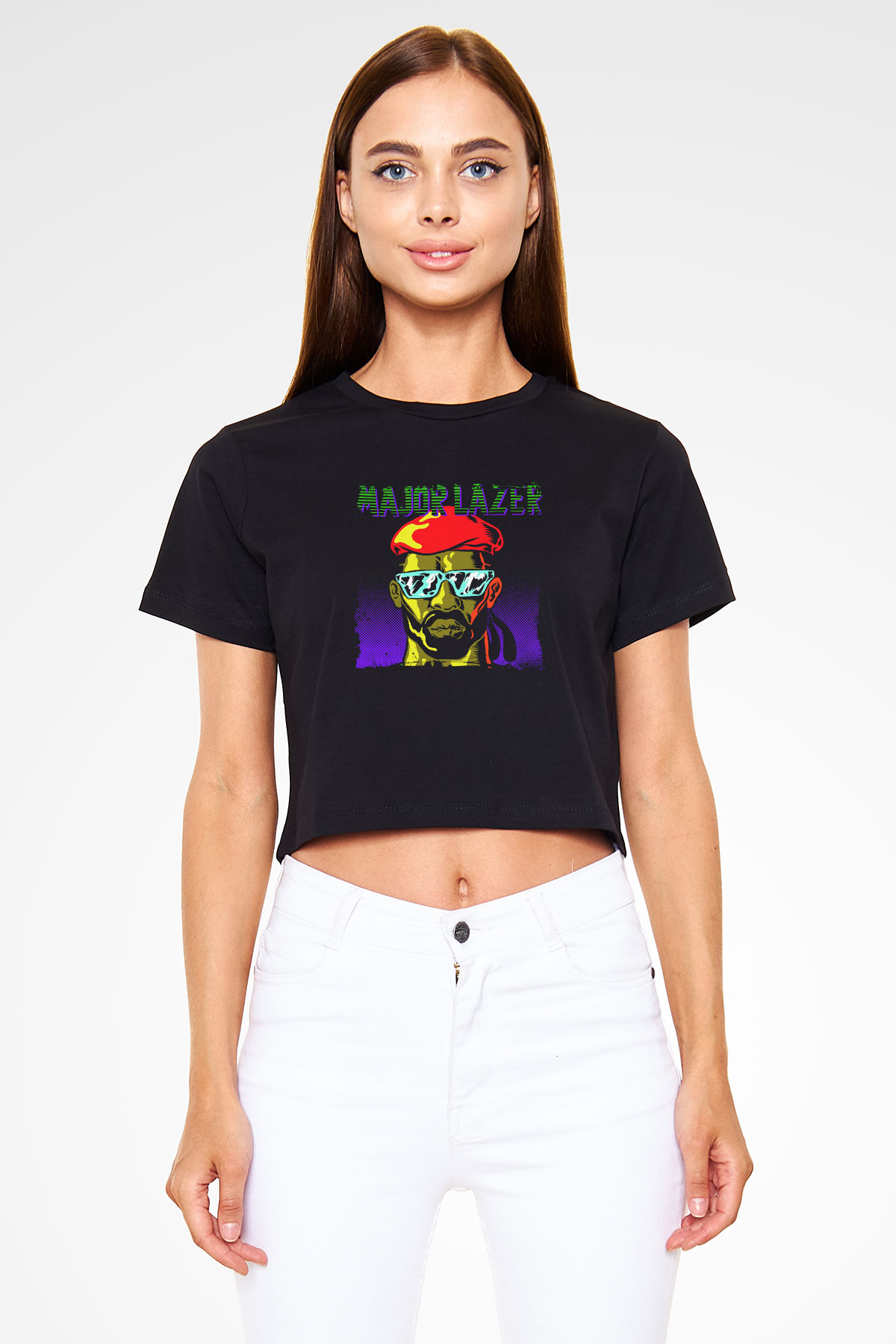 Major Lazer Baskılı Crop Top Siyah Kadın Tişört