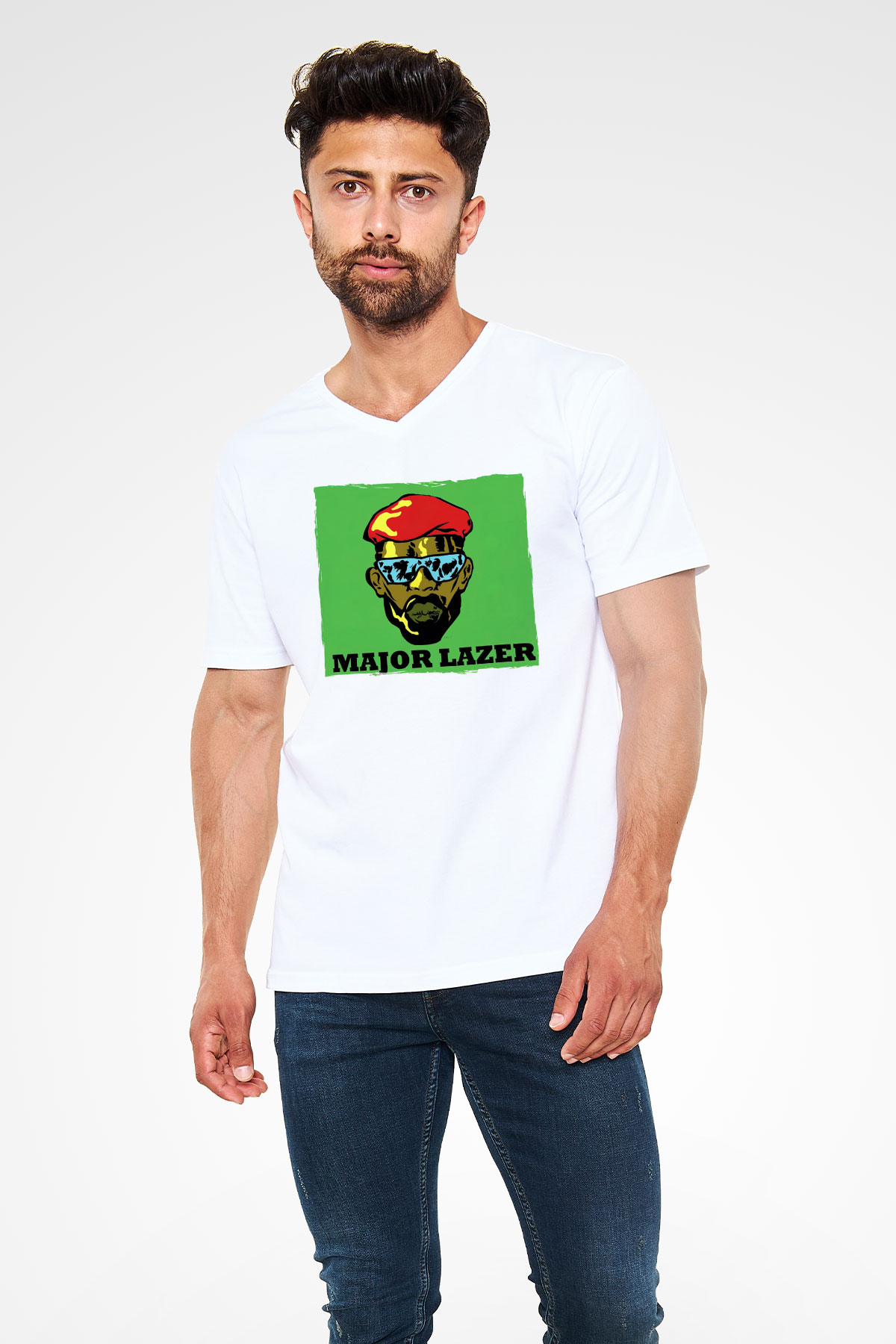 Major Lazer Beyaz Unisex V Yaka Tişört
