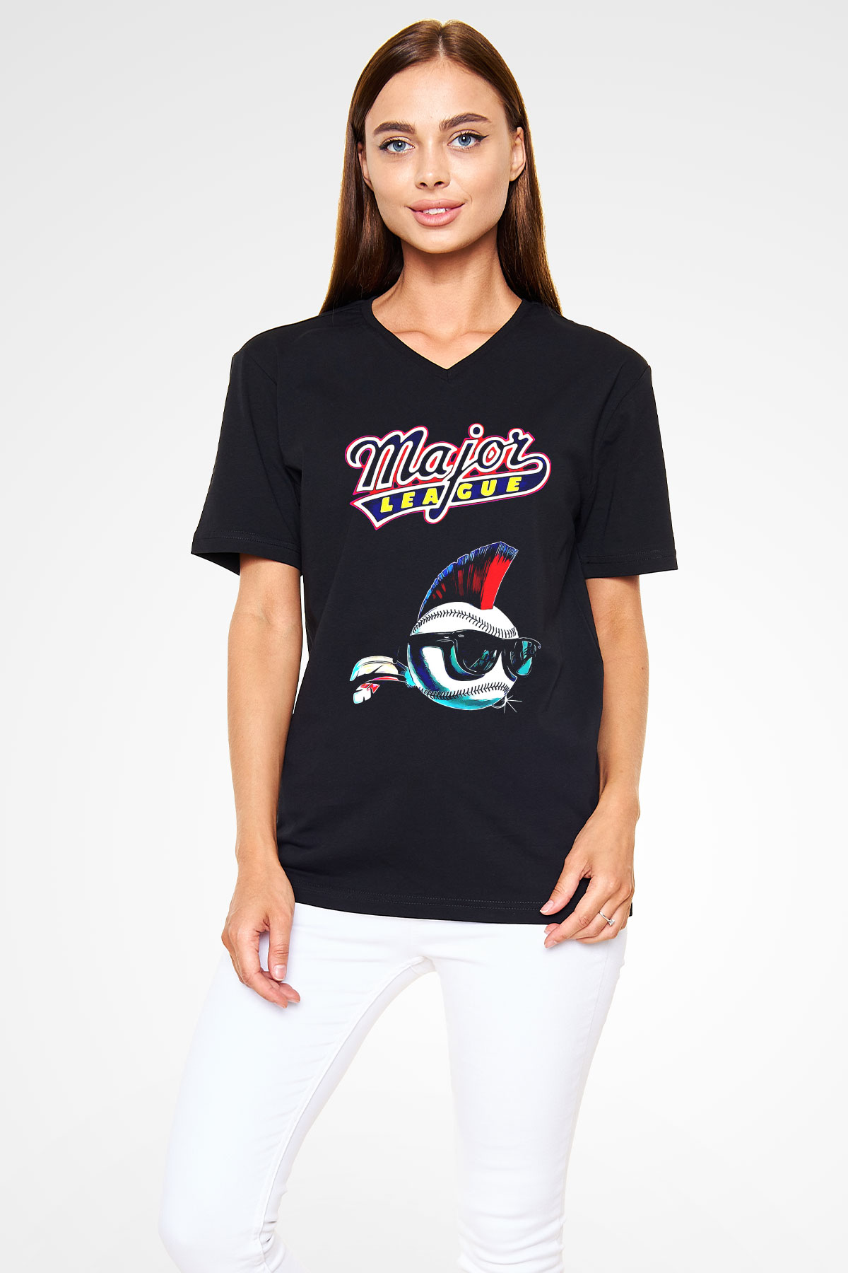 Major League Siyah Unisex  V Yaka Tişört