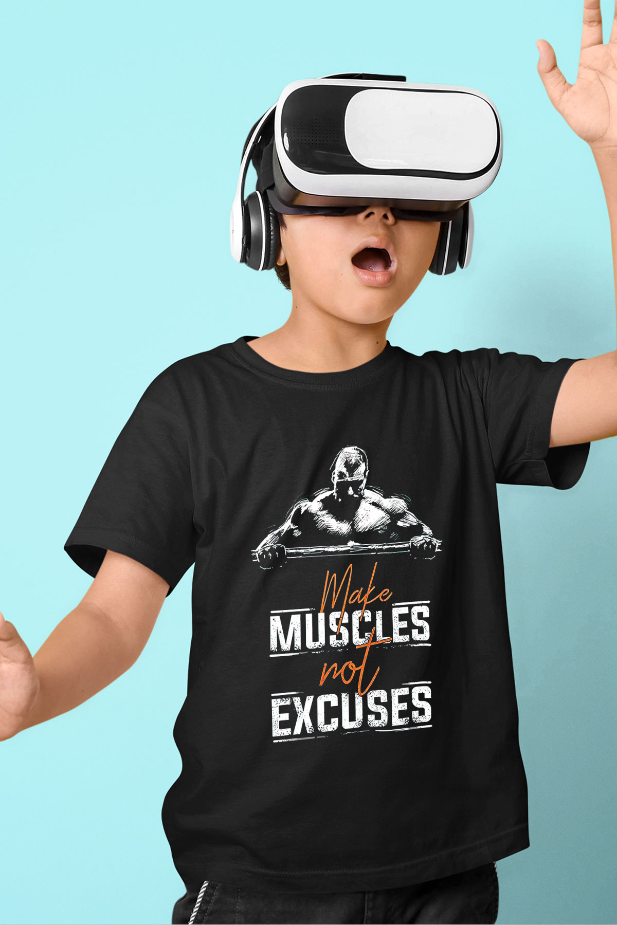 Make Muscles Not Excuses Baskılı Unisex Siyah  Çocuk Tişört
