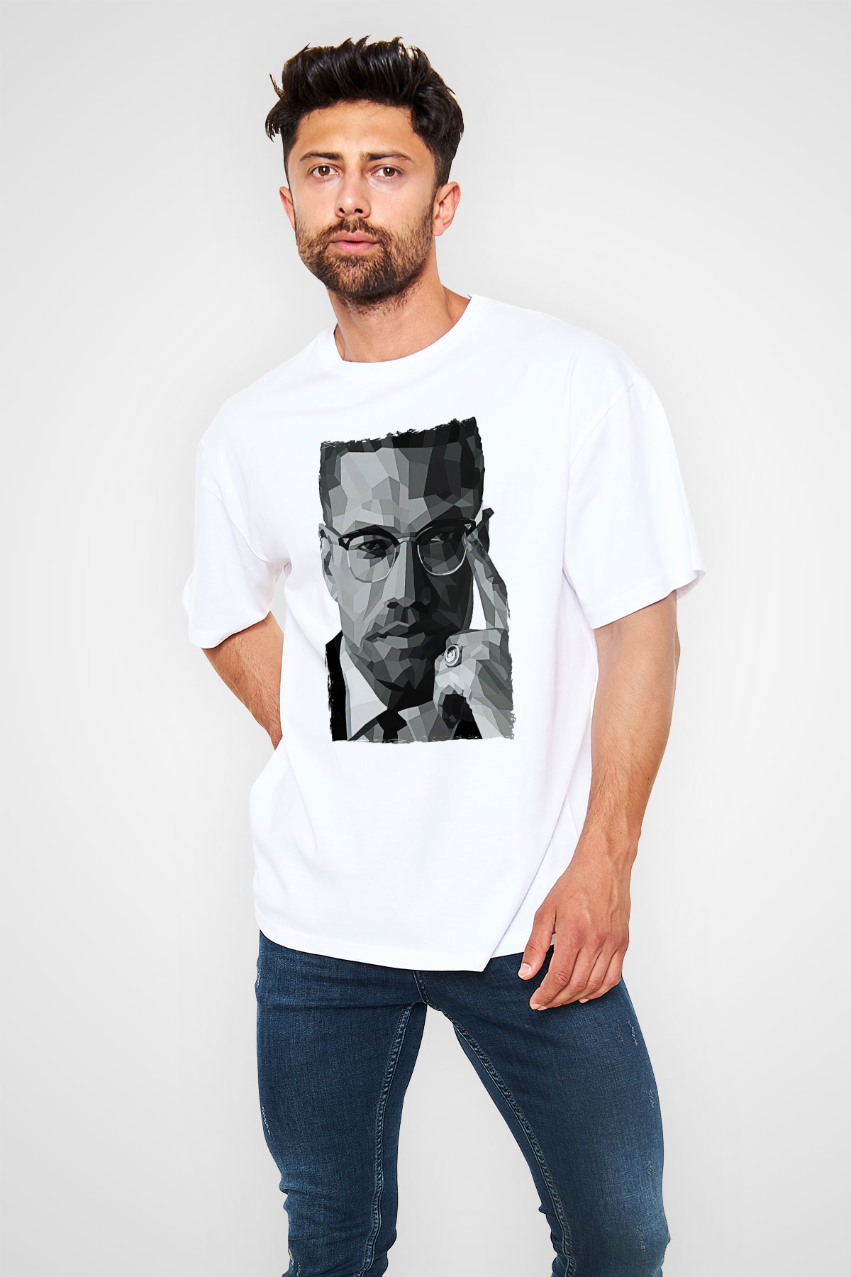 Malcolm X James Baskılı Beyaz Unisex Oversize Tişört - Tshirt