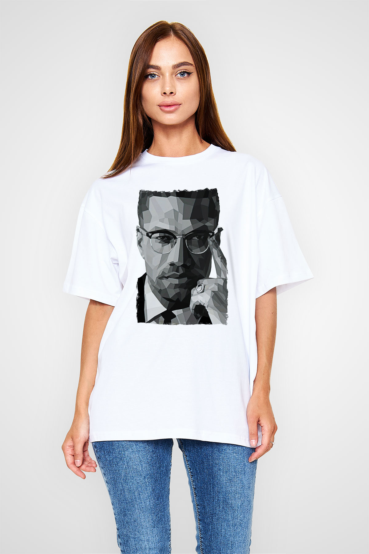 Malcolm X James Baskılı Beyaz Unisex Oversize Tişört - Tshirt